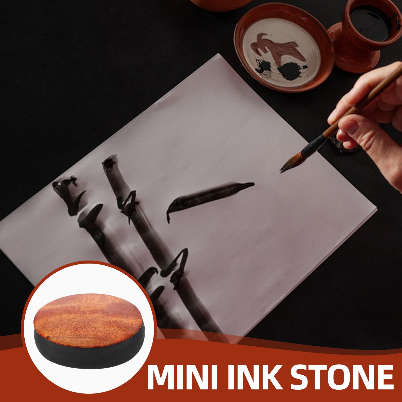 Tragbarer Chinesischer Retro Tuschstein mit Deckel Kleiner Kalligrafie Tintenplatte aus Verschleißfestem Inkstone und Holz für Künstlerische Kreation und Kalligrafie Übung