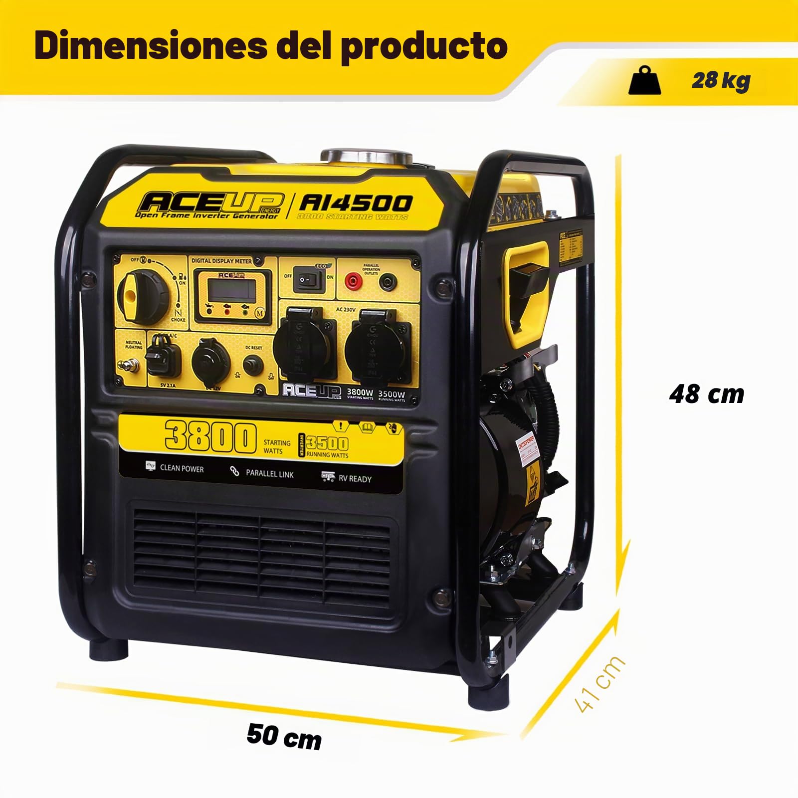 Aceup Energy Group Electrogene, Generador de Gasolina Inverter, Generador de Rescate 3800W con enchufes USB y 230V 12V, Pantalla Digital, Paralelo, Motor 4 Tiempos, Refrigerado por Aire