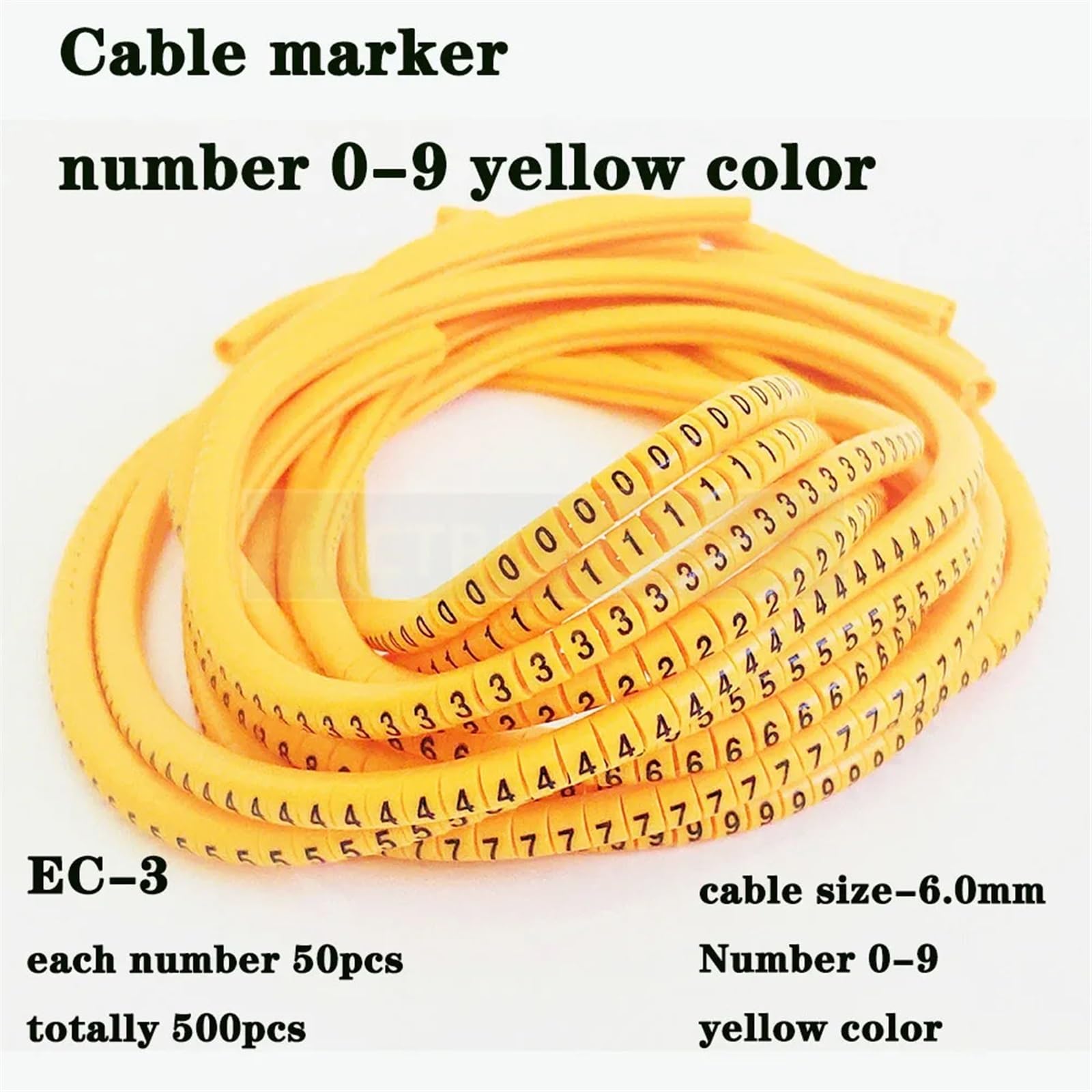 Etykiety do kabli, Etykieta na przewody EC-0 EC-1 500 szt. Numer oznaczenia od 0 do 9 Kolorowe etykiety z izolacją PVC o powierzchni 2,5 mm2(Ec 3 500pcs Yellow)