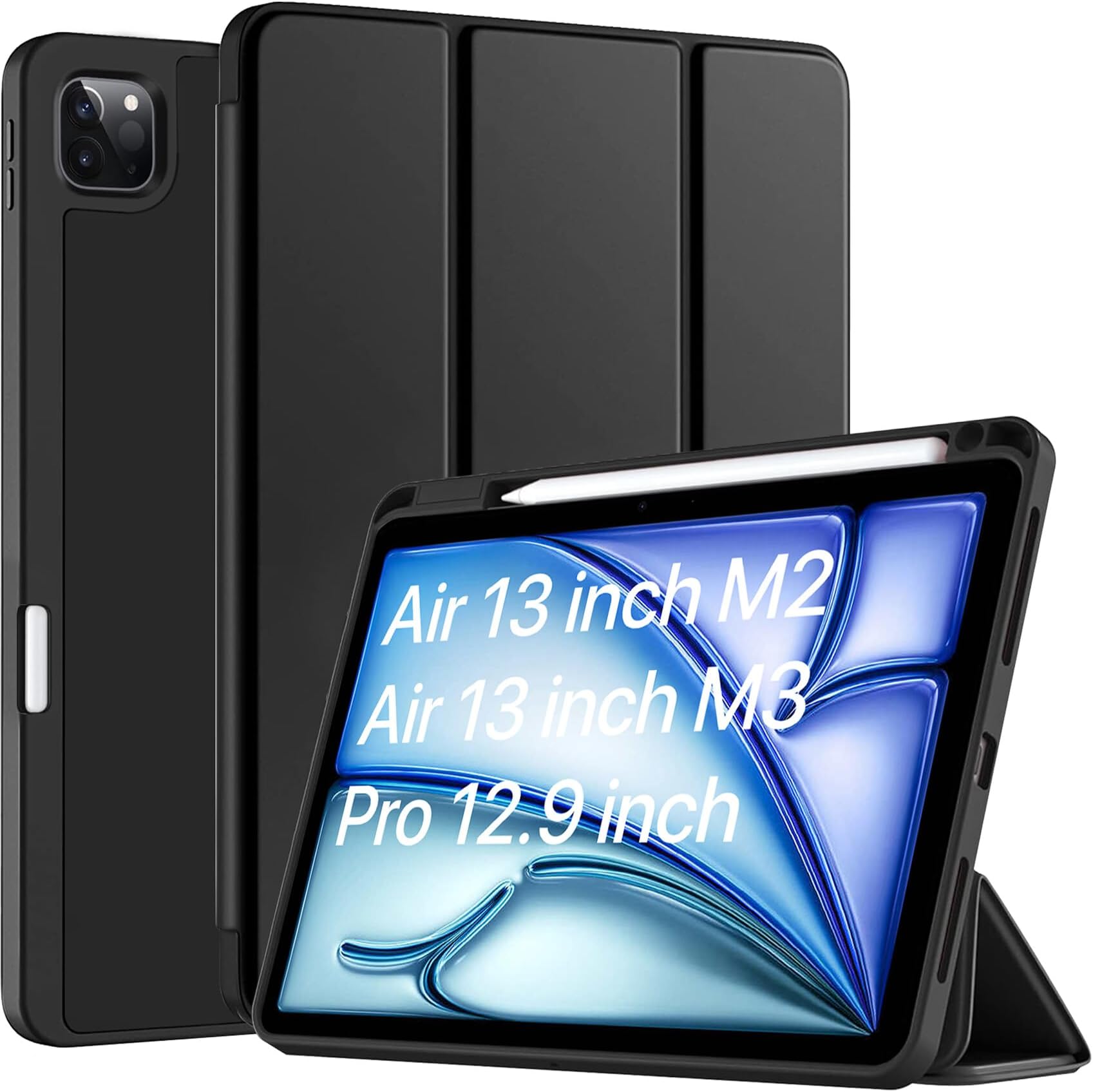 Robustrion Cover for iPad Air 13 inch M4/M3/M2 (2026/2025/2024) Cover Case/for iPad Pro 12.9 inch with Pencil Holder, Case Cover for iPad Air 13 inch [Auto Sleep Wake Support] - Black