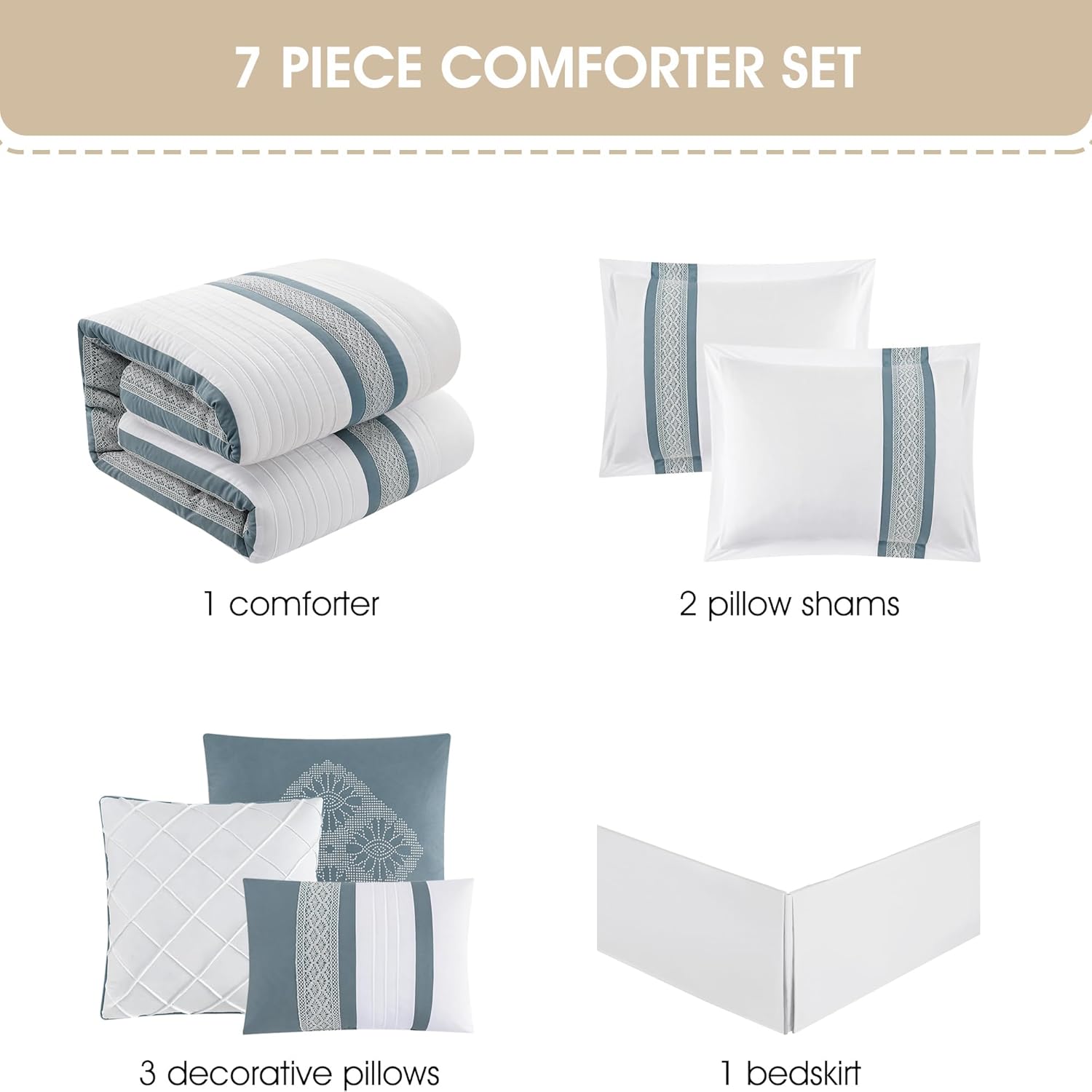 Grand Avenue Striped 7 Piece Blue Comforter Set, Queen Size Microfiber Bedding, All Season Polyester Bedding Set, Bed Skirt, Pillows & Shams