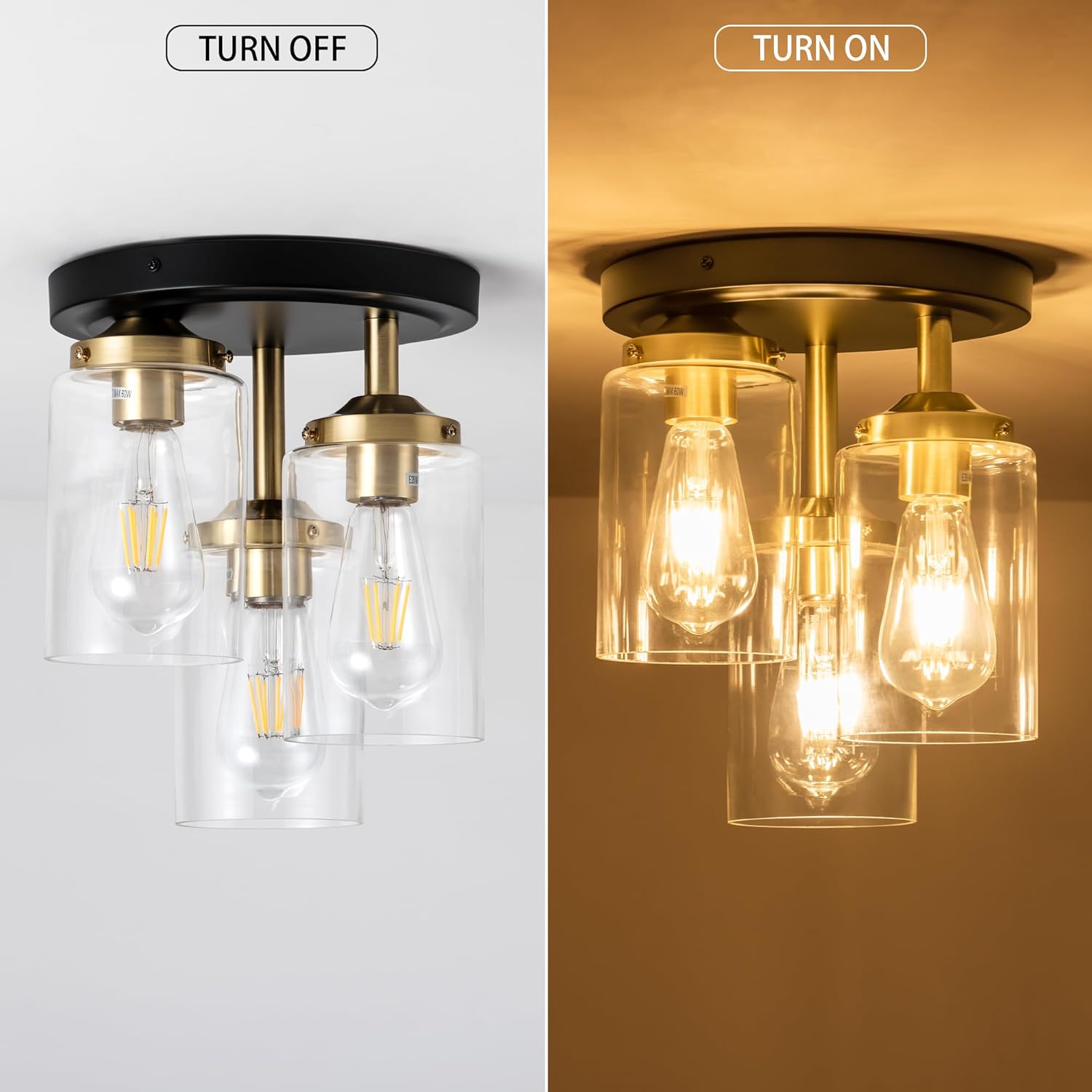 Mayful Semi Flush Mount Ceiling Light, 3-Light Clear Glass Shade Ceiling Light Fixture, Gold Finish Cluster Cylinder Ceiling Light Fixtures for Kitchen Dining Room Hallway Foyer