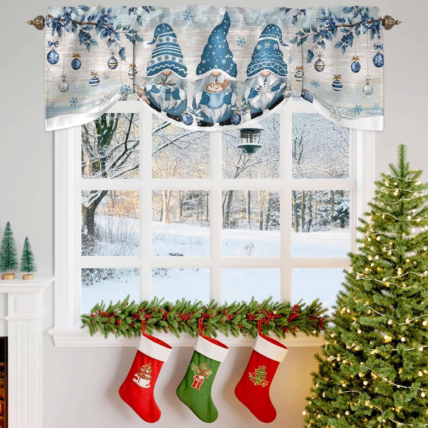 Blue Christmas Gnomes Tie Up Valances for Windows, Winter Xmas Ball Branches Adjustable Valance Curtain for Living Room, Blue Grey Wooden Rod Pocket Kitchen Curtains 1 Panel 60 x 18 in