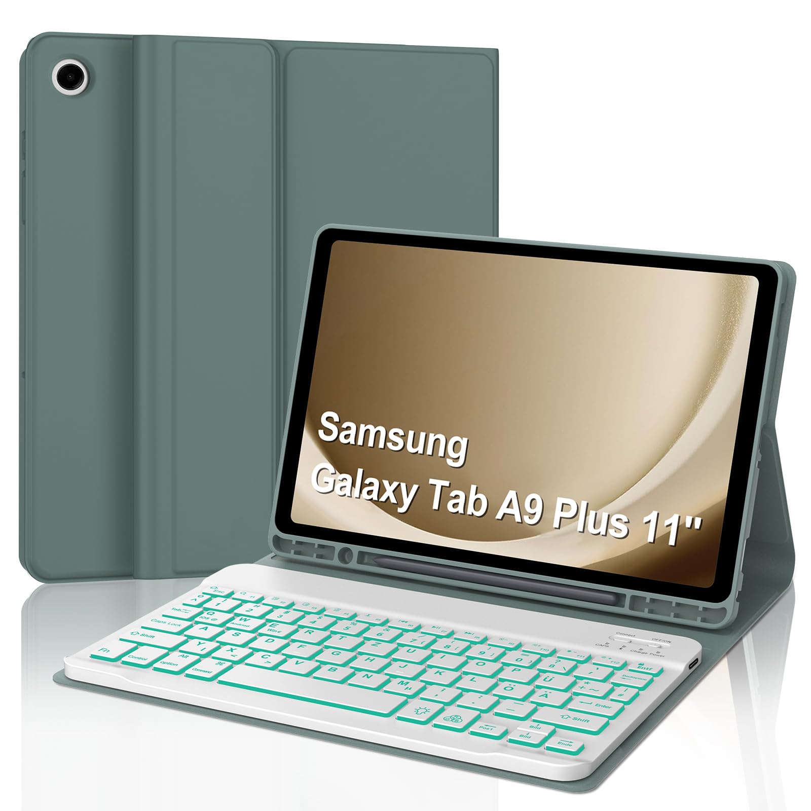 IVEOPPE Tastatur für Samsung Galaxy Tab A9 Plus 11", Hülle mit Tastatur für Samsung Tab a9+ 2023, Bluetooth Magnetisch 7-Farbige Beleuchtung QWERTZ Keyboard Galaxy A9 Plus Tablet 11 Zoll, Dunkelgrün