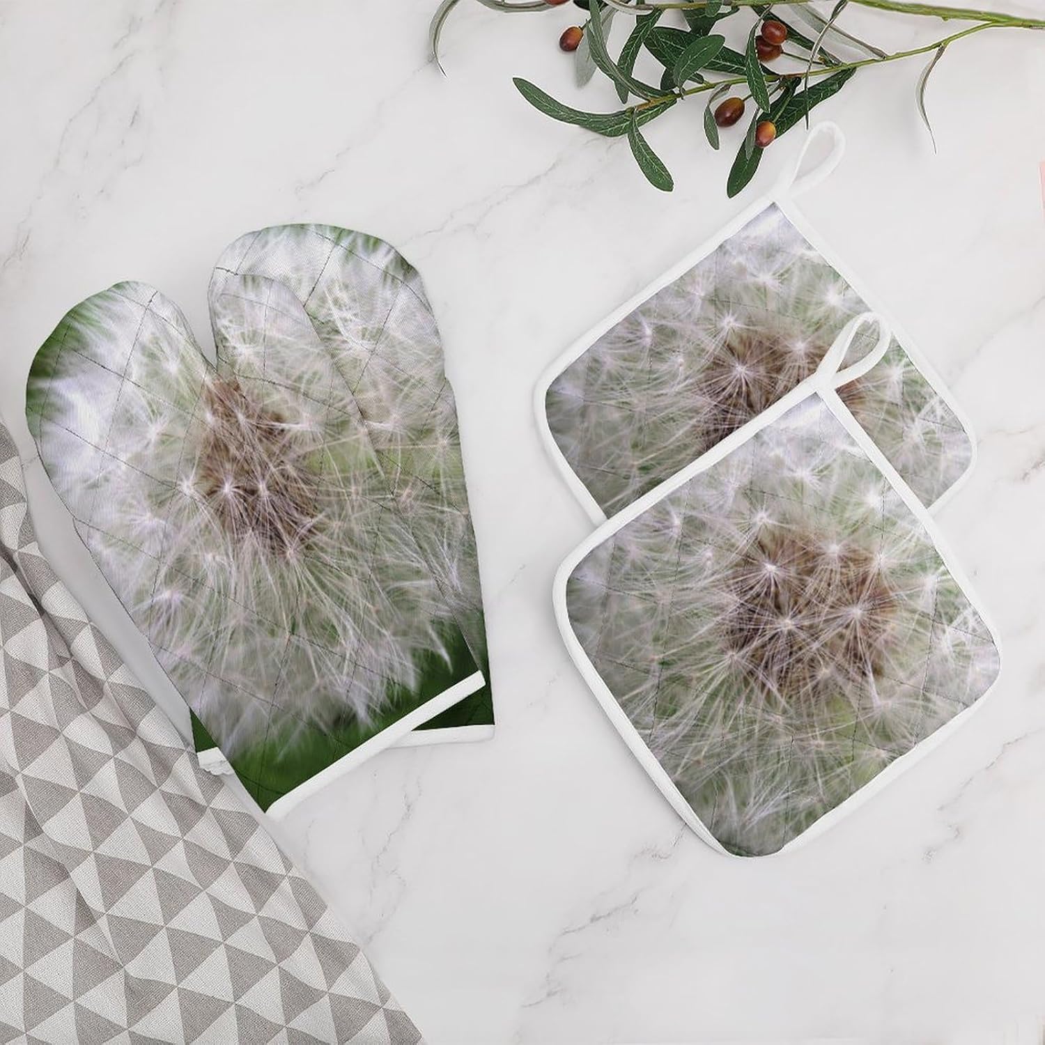 Dandelion Oven Mitts and Pot Holders 4Pcs Set Heat Resistant Cooking Mitts Hot Pads