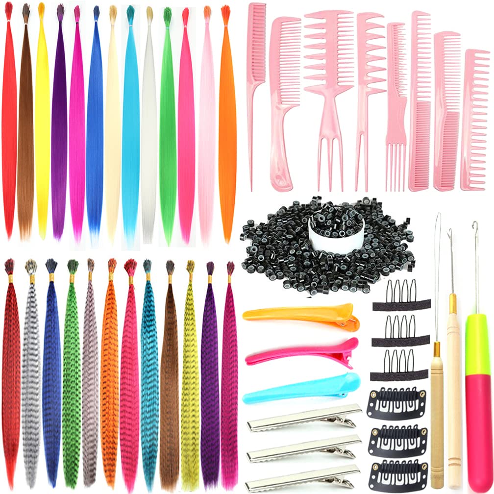 SHUOHAN 13 Pcs Synthetic Feather Hair Extensions (Not Real Feather)+13 Pcs Rainbow Hair Extension with Kit Tools 100 Pcs Sillicone Hair Beads+3 Pcs Crochet Hook +Some Combs