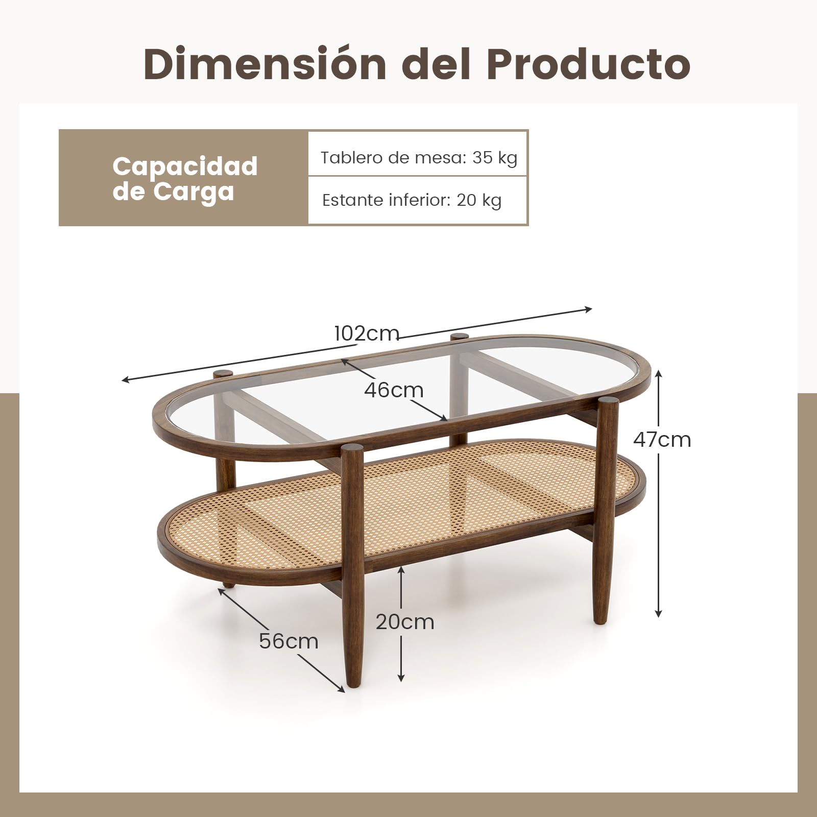 GIANTEX Mesa de Centro Ovalada de Madera Maciza con Tapa de Cristal | Mesa de Salón con Estante de Ratán, 102 x 56 x 47 cm, Estilo Bohemio, para Dormitorio y Oficina