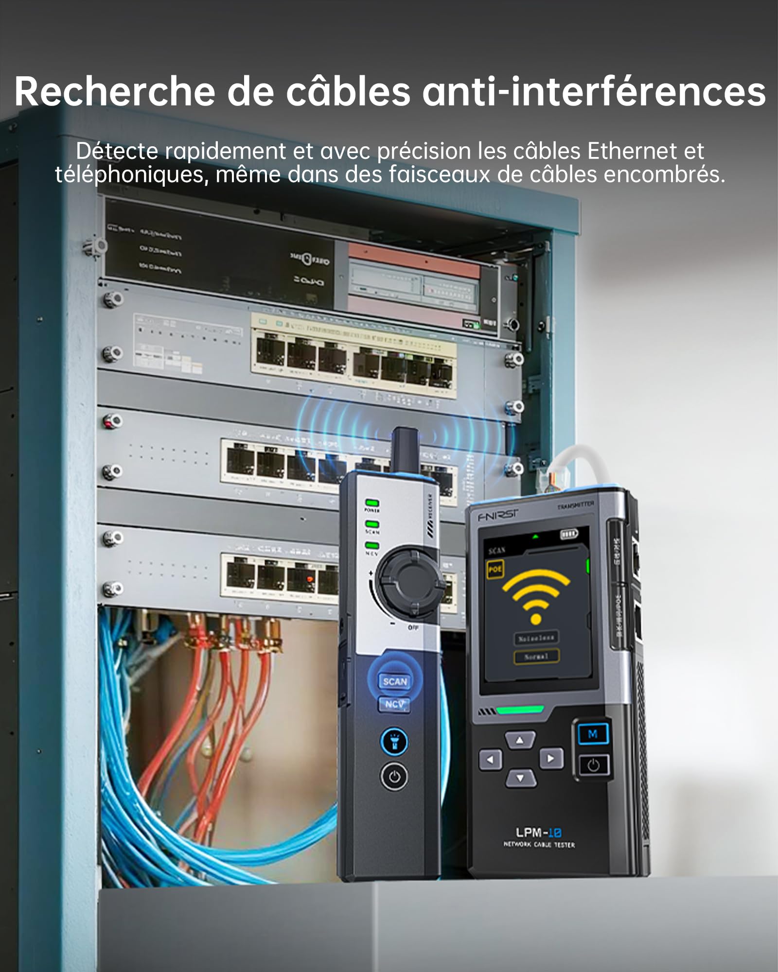 FNIRSI LPM-10A Testeur Câble RJ45, Testeur de Câbles Ethernet CAT5 CAT6 RJ11, Kit Traceur de Câble et Toner Réseau, Rechargeable Testeur Ethernet avec PoE/NCV/Test de Longueur