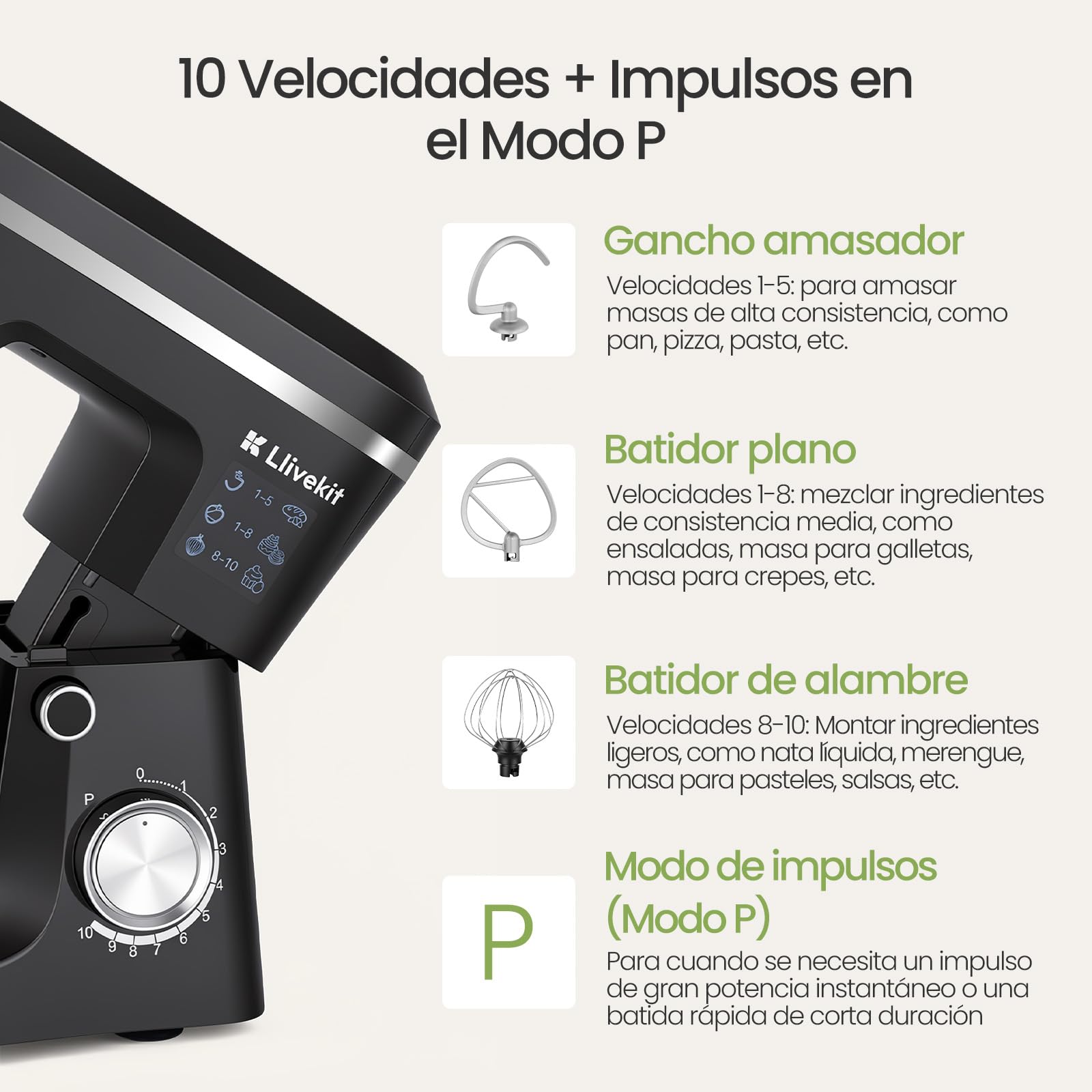 LLIVEKIT Batidora Amasadora con Bol 5,2 L, 10 Velocidades + Función Pulso | Robot Cocina 1500 W, Amasadora Pan y Reposteria, Batidora Multifuncional con Accesorios para Batir y Amasar, Bajo Ruido