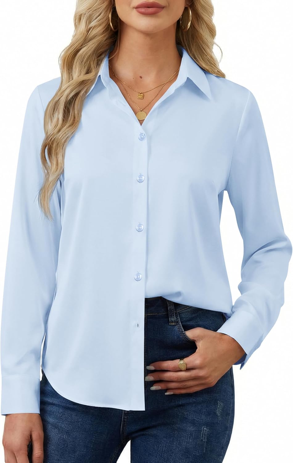 Women's Button Down Shirts Long Sleeve Basic Classic Soft Shirt Collared Fashion Dressy Casual Blouses
