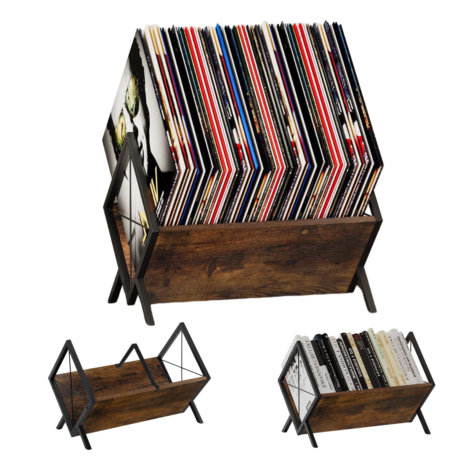 Porta Vinili per 80-100 Dischi,Supporto Espositore per Dischi in Vinile | Mobile Porta CD e Riviste con Divisori Antiscivolo,Design Retrò Industriale per Soggiorno e Ufficio
