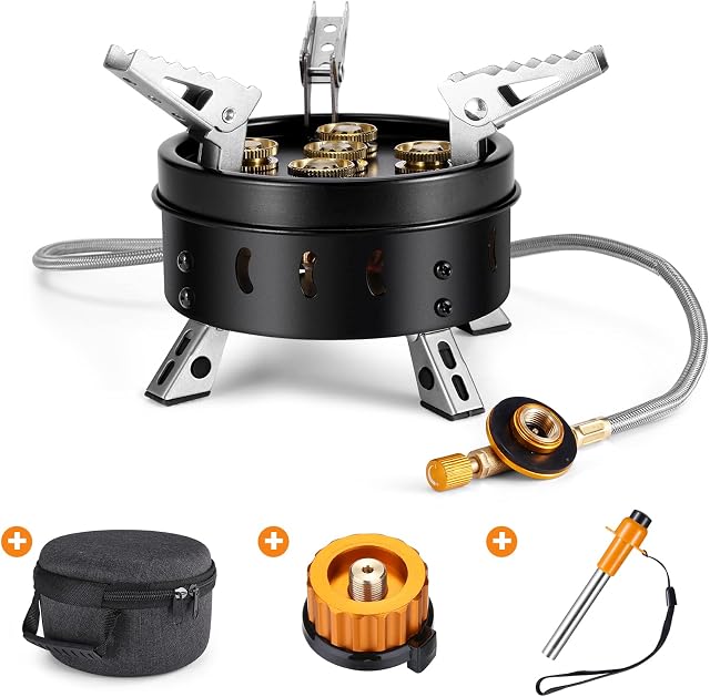 Odoland 11000W Camping Gas Stove Burner Adjustable Ultralight Big Fire Backpacking Stove Windproof Camp Portable Propane Gas Stove for Camping Hiking Backpack Outdoor