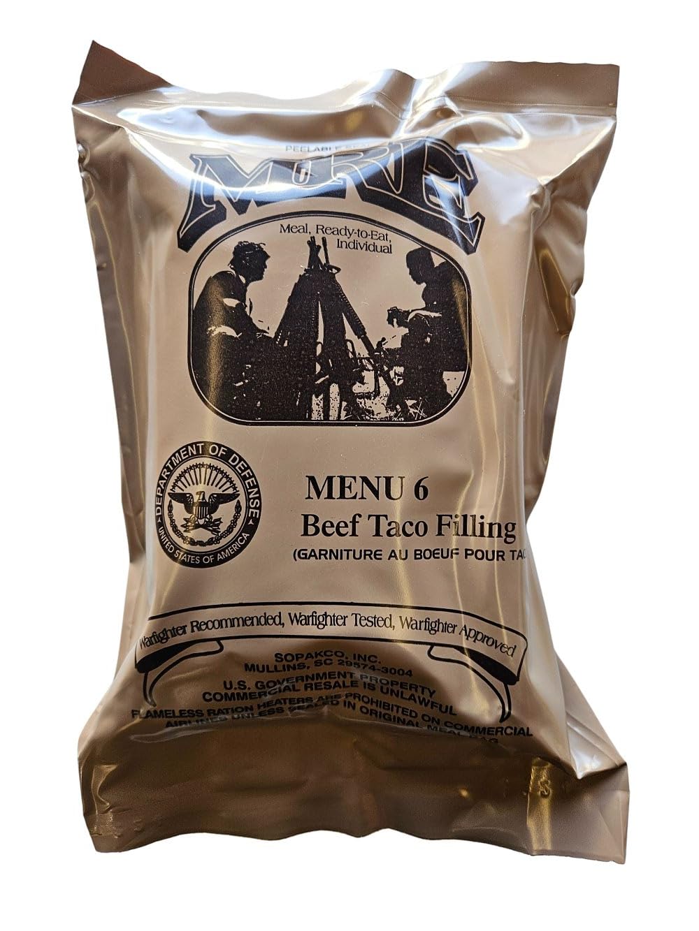 Genuine USGI Individual MRE [Meal, Ready to Eat] Inspection Date 01/2024 or Newer - You Choose Menu - Complete Ration with Entree, Snacks, Dessert, Drink Mix, Utensils, Condiments and FRH. (#6 Beef Taco)