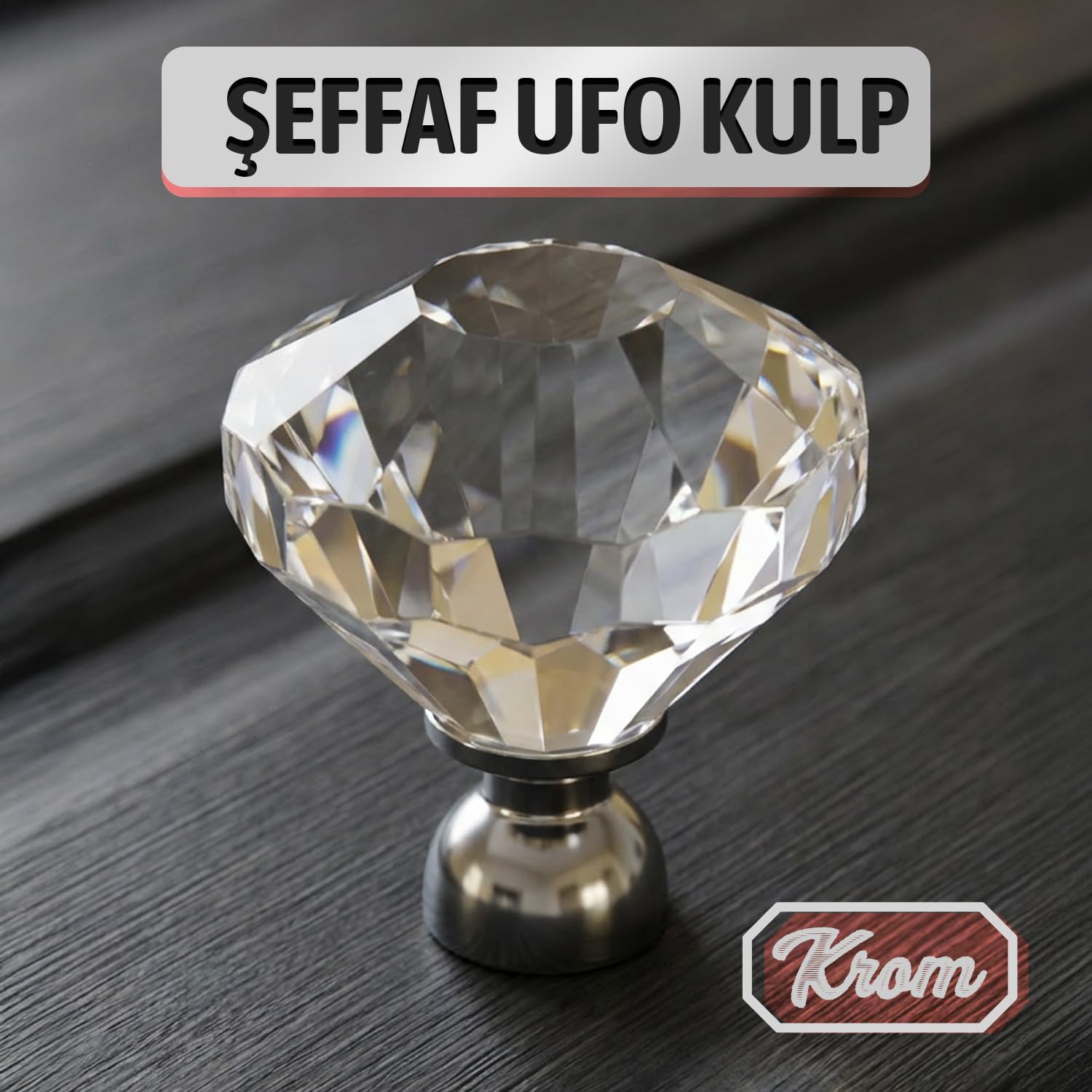 Şeffaf Kristal Görünümlü Krom Saplı Ufo Düğme Mobilya Dolap Çekmeceler İçin Şeffaf Düğme Kulp