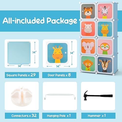 Miniatura 16 de HONEY JOY Armario para niños, organizador de almacenamiento de ropa de dibujos animados para bebés, 8 cubos y 2 secciones para colgar, armario