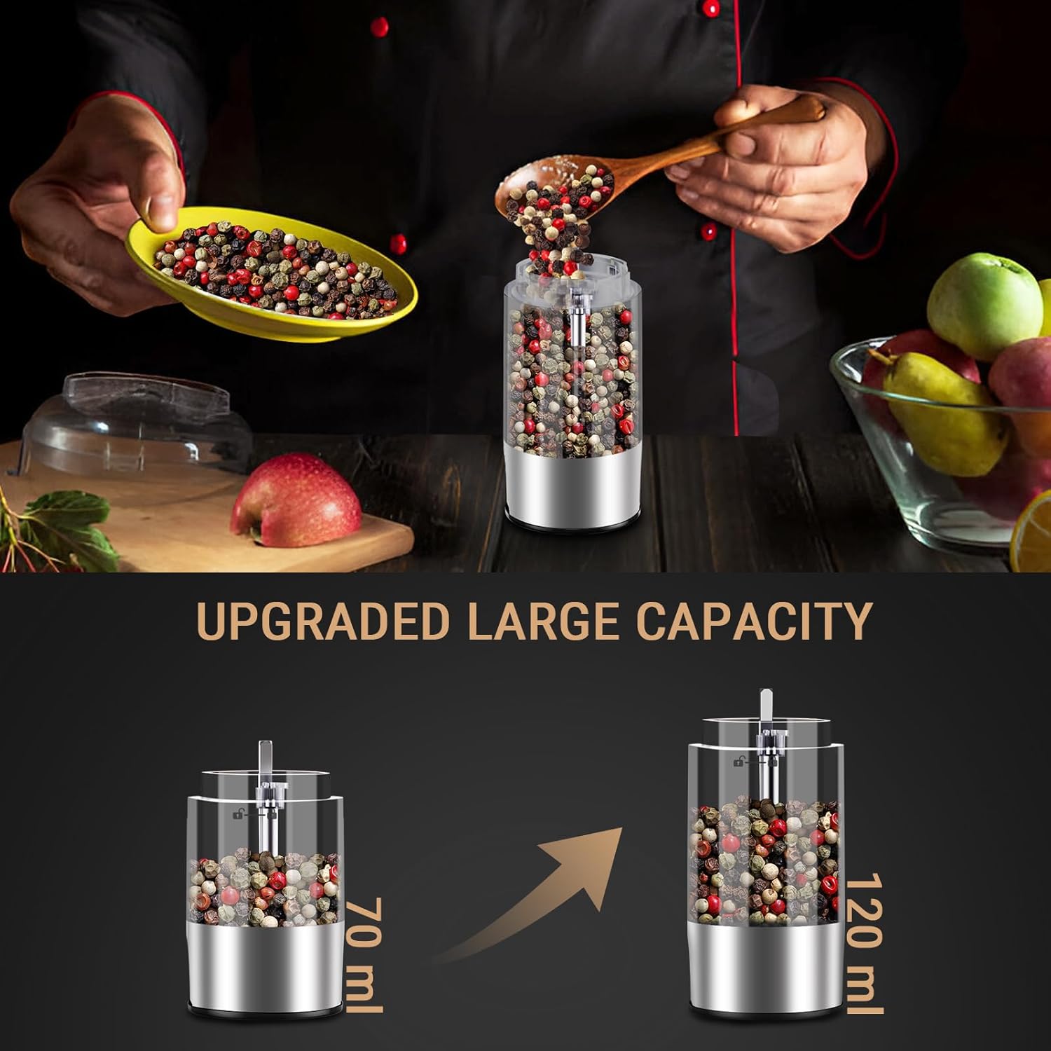 Electric Salt and Pepper Grinder Set Rechargeable with LED Display, Adjustable Coarseness, 120ml Container Automatic Pepper and Salt Grinder for Kitchen, Restaurant (Silvery)