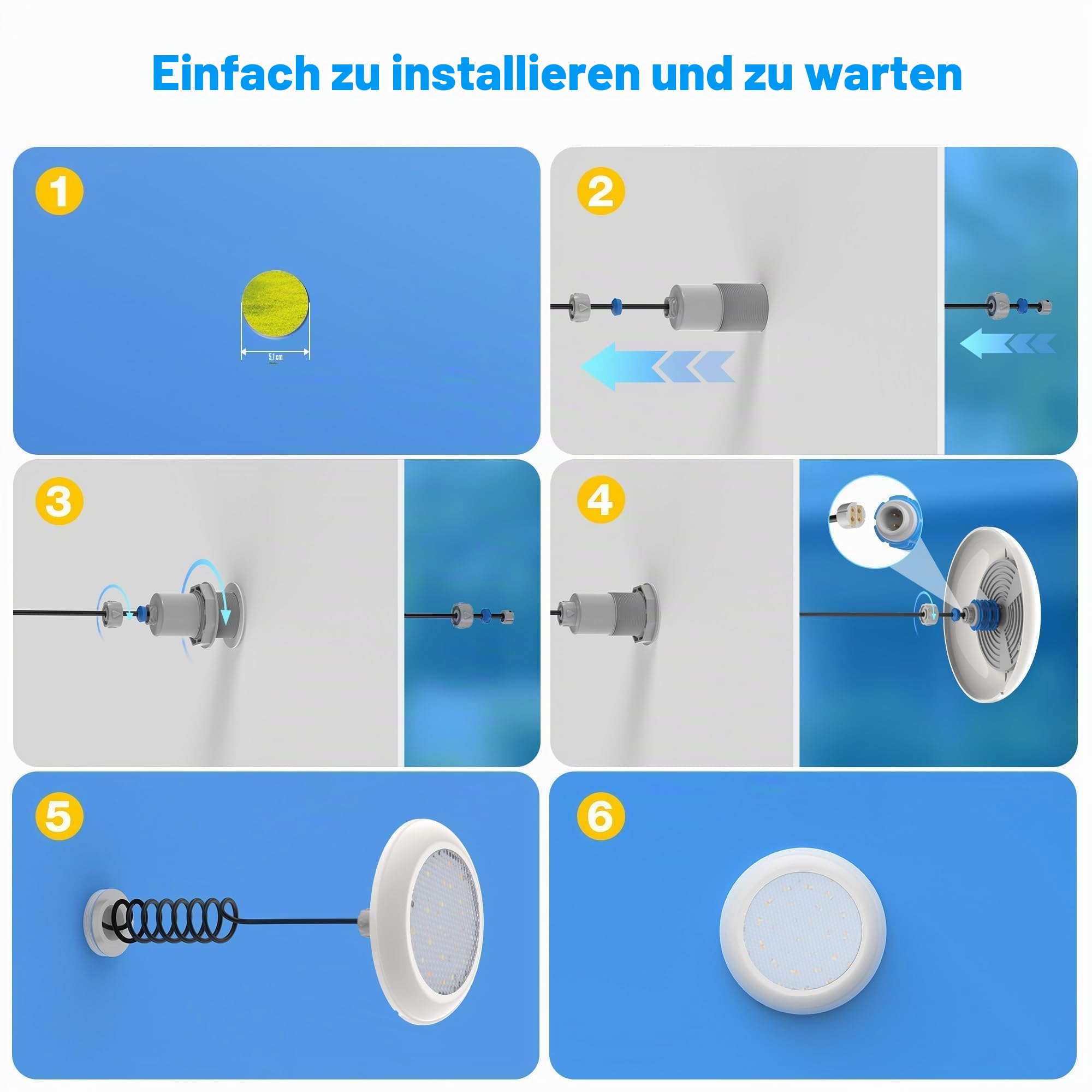 LyLmLe LED Poolscheinwerfer mit Außengewinde 2", 18W Poolbeleuchtung 2 Farben Schaltbar Weiß 3000K & 6000K, Ø242mm, 12V AC LED Poolstrahler Unterwasser für GFK Fertigbecken Aufstellbecken Holzpool