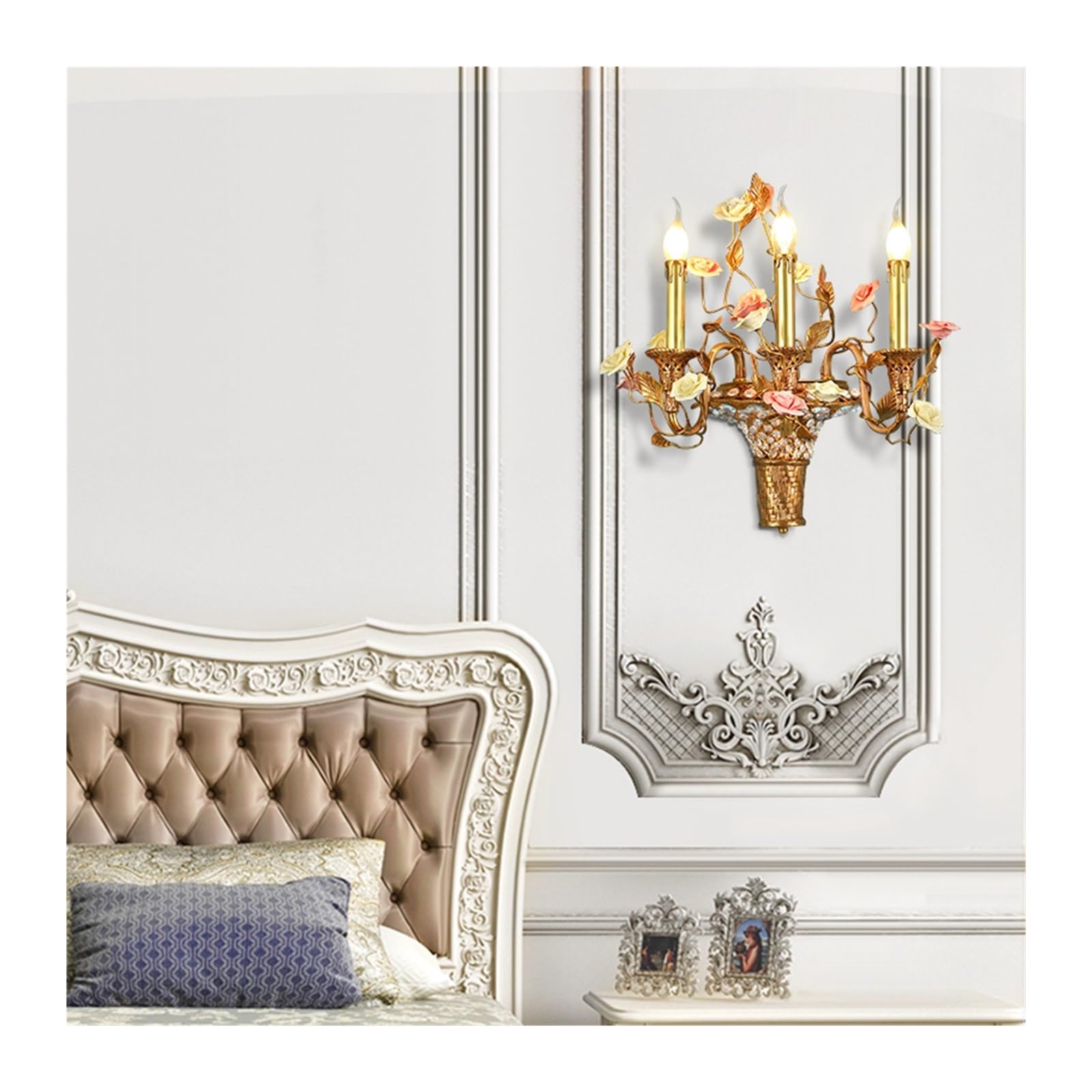 ZTCHSENZT European Copper Ceramic Flower Living Room Bedroom Corridor Staircase Wall Light French Country Brass Wall Lamp Chandelier