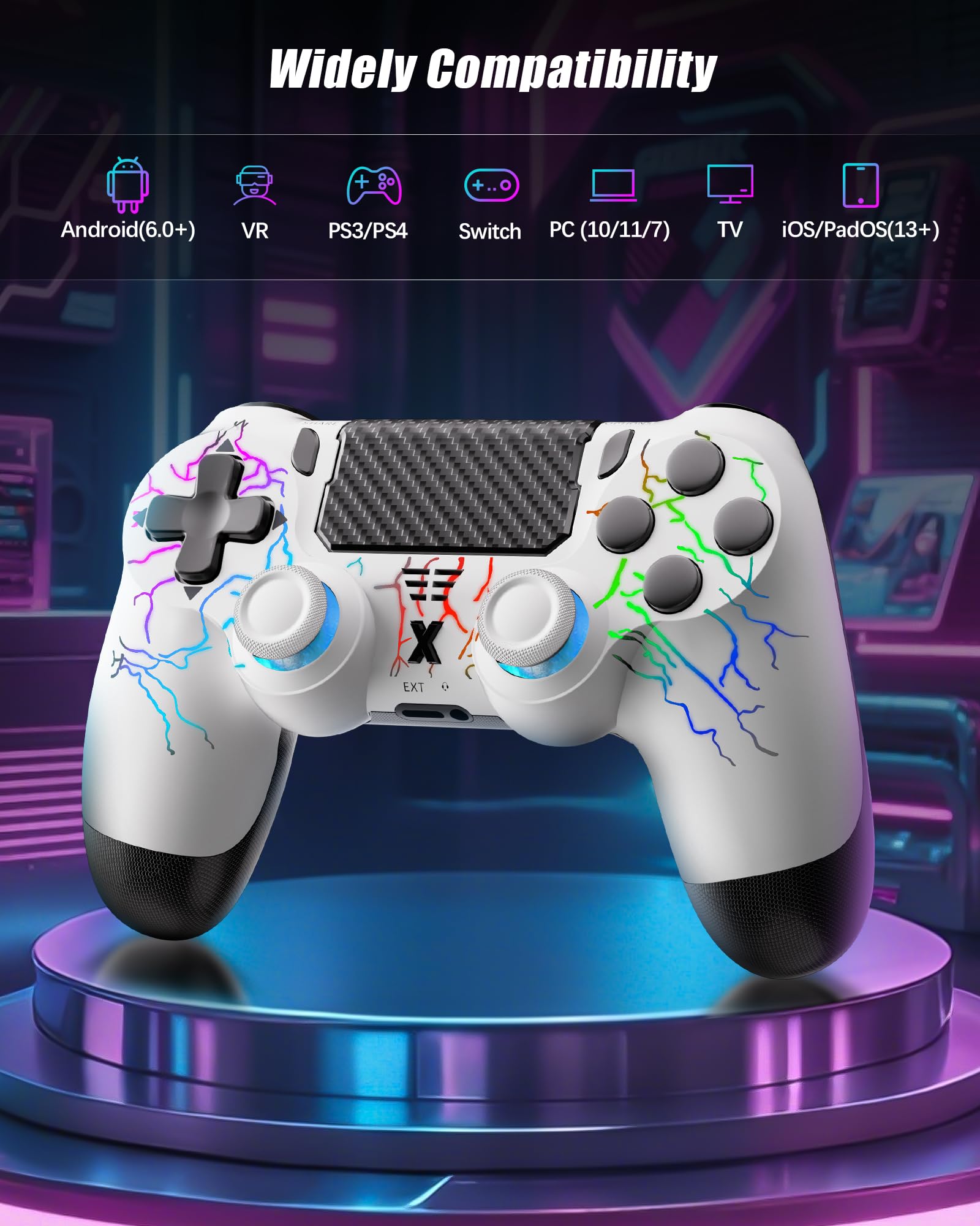 RUIZHI Controller LED Design a Forma di Fulmine, Controller Wireless per Playstation 4 compatibile con PS4/Pro/Slim/PC, con Batteria da 1000 nAh, Cavo USB-C, 1 Pezzo, Bianco