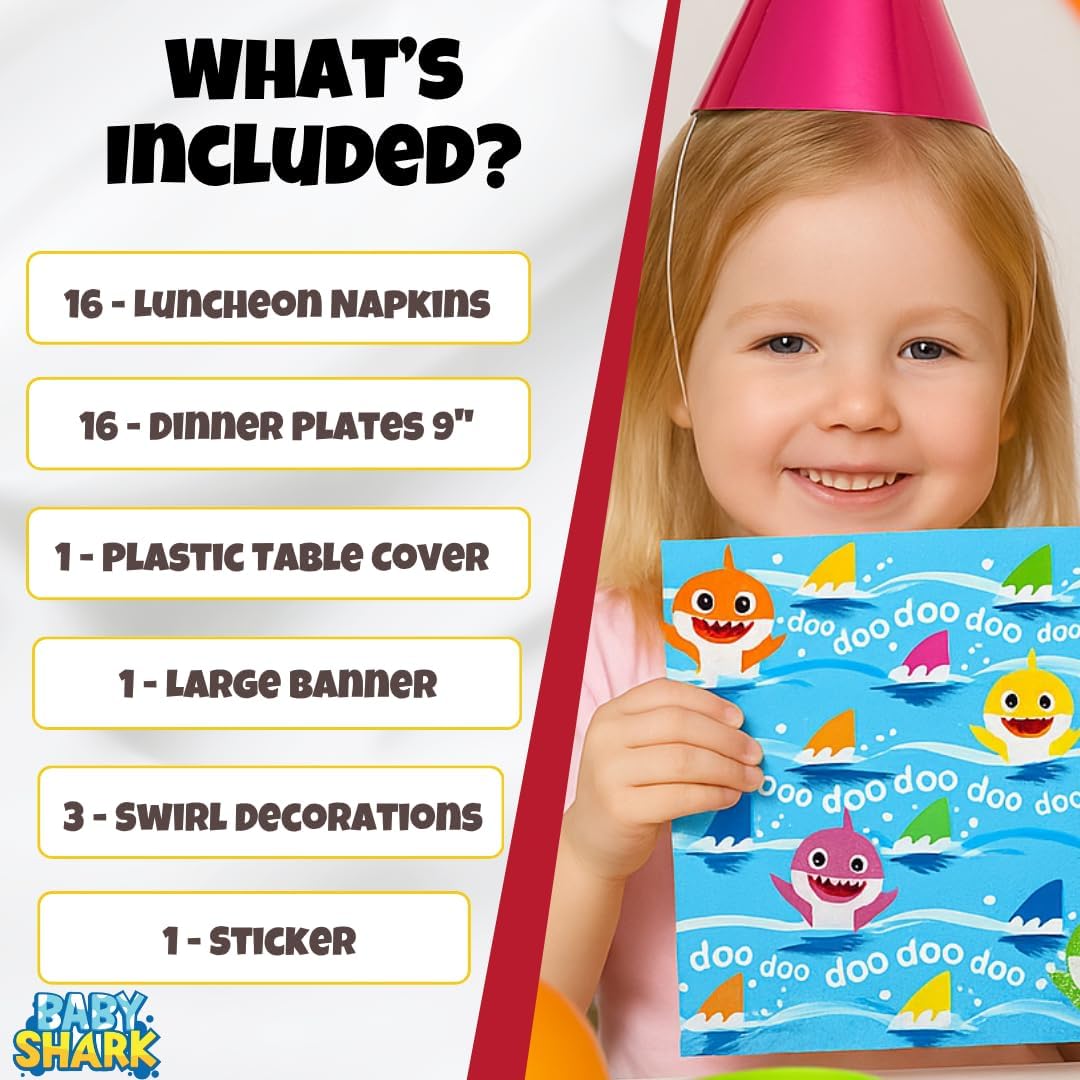 Unique Baby Shark - Birthday Party Supplies Bundle for 16 Guests | Officially Licensed | Plates, Napkins, Table Cover, Banner, Hanging Swirls & Stickers | Baby Shark Party Decorations for Boys & Girls