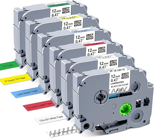 BOYEEZON 6Pk PTD210 - Cinta de color TZ de 0.472 in 0.47 compatible con Brother P Touch Label Maker Tape TZe-231 131 431 531 631 731