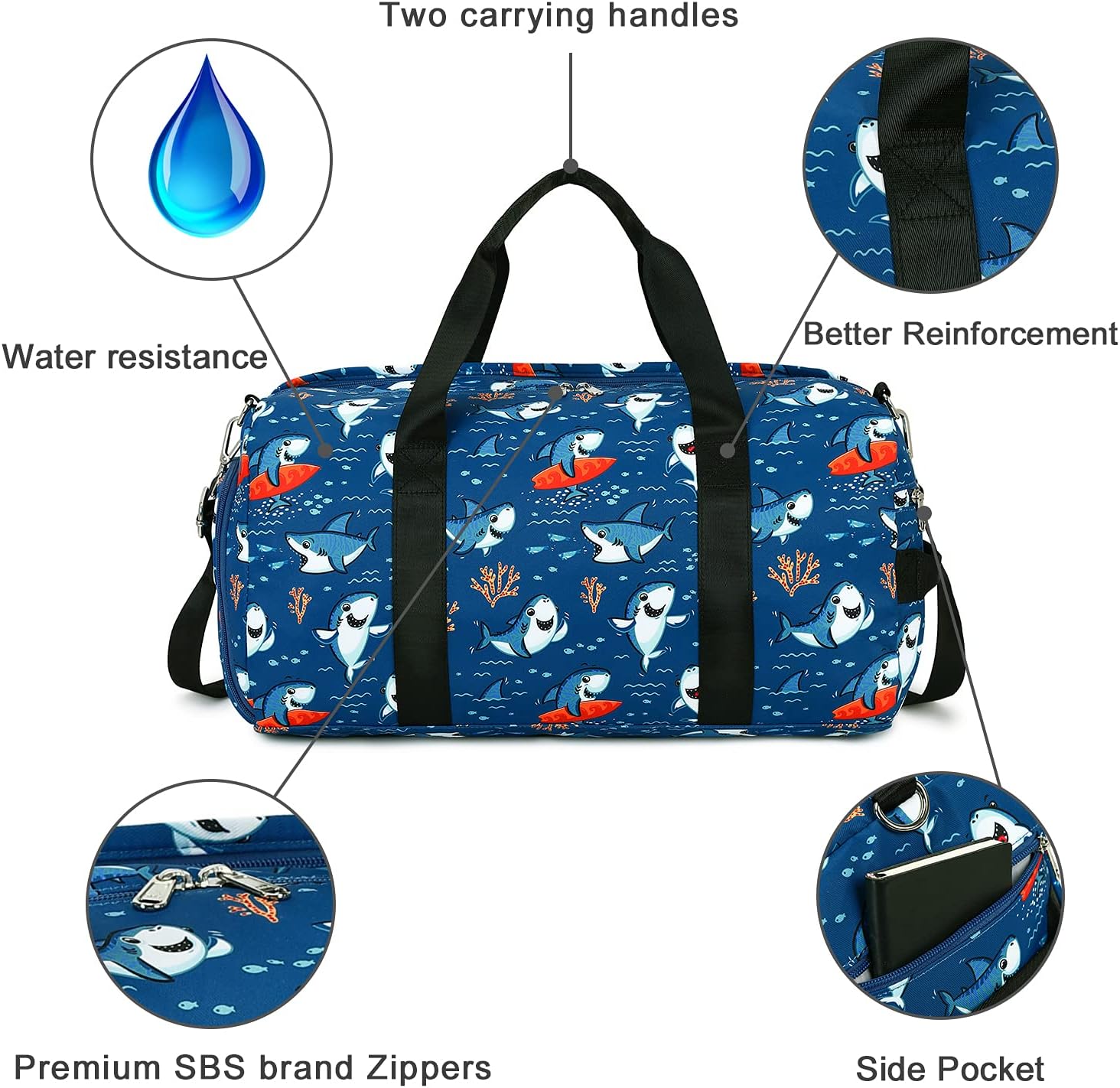 CAMTOP Kids Duffel Overnight Bag for Boys and Girls Toddler Carry-On Size Tote for Travel Duffle Gym Sport (Shark-Dark Blue) - Image 5