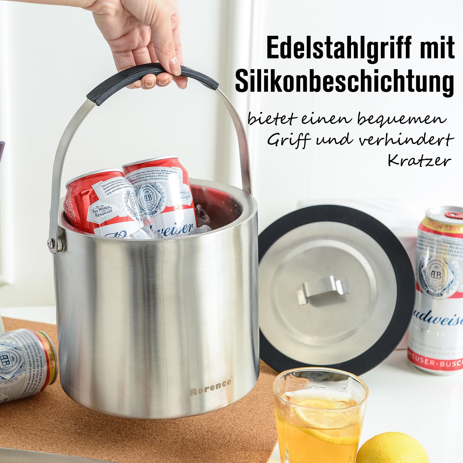 Seau à glace Rorence en acier inoxydable avec couvercle hermétique et pince à glaçons 2.8 L