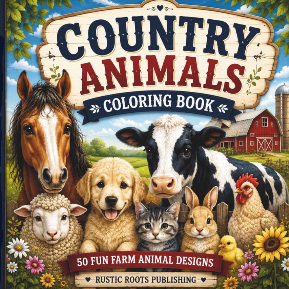 Country Animals Coloring Book: 50 Adorable Designs To Color And Enjoy