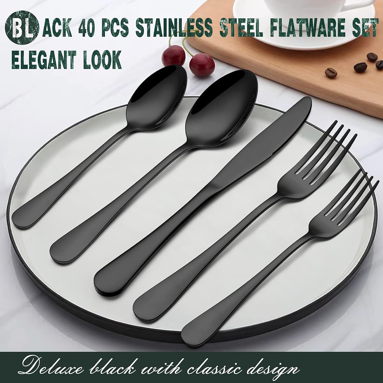 Black Silverware Set, Umite Chef 40-Piece Stainless Steel Flatware Set for 8, Kitchen Tableware Cutlery Set, Eating Utensil Include for Home and Restaurant, Mirror Finish, Dishwasher Safe