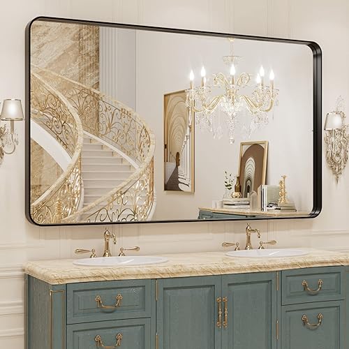 WEER Espejo de baño con marco de metal negro de 50 x 30 pulgadas, espejo de tocador de baño negro de granja, espejos de pared redondos rectangulares