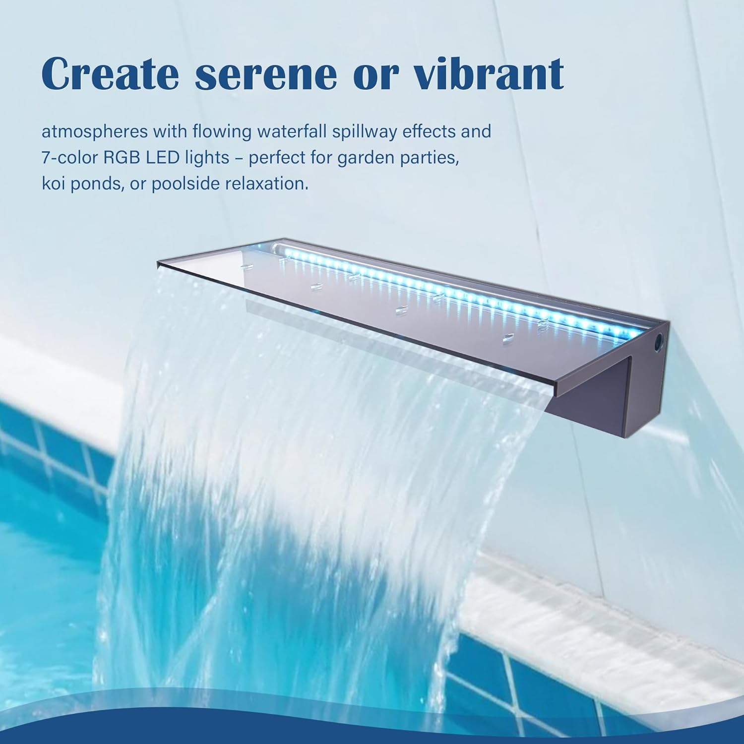 24 Inch Acrylic Waterfall Spillway Pond Fountain with 7 Colors LED Light - Sheer Descent Pool Fountain for Garden, Koi Pond, and Swimming Pool Decor