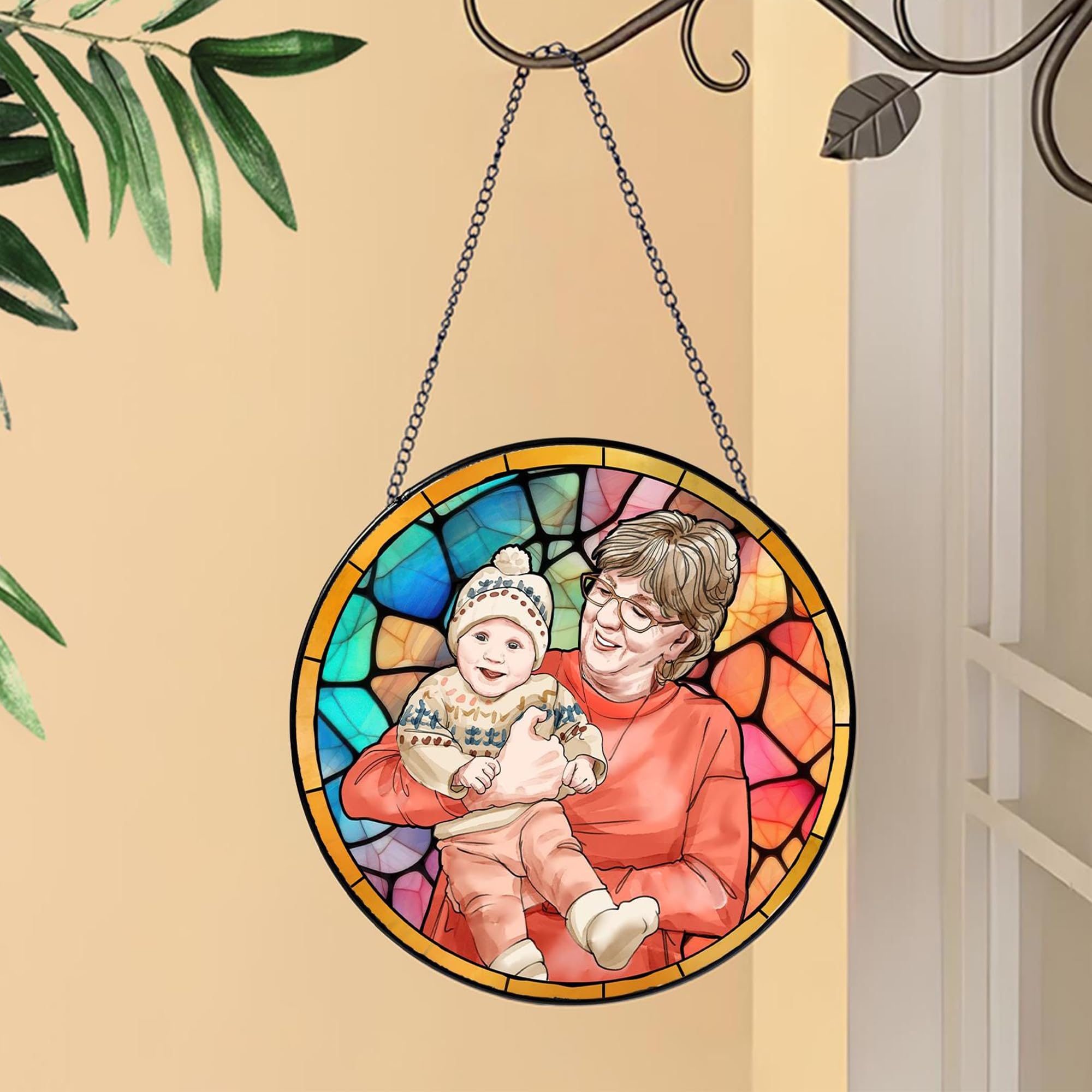Custom Stained Glass Suncatcher, Round Hanging Window Decoration, Personalized Grandma Photo Portrait Stained Glass Suncatcher Window Hanging, 2025