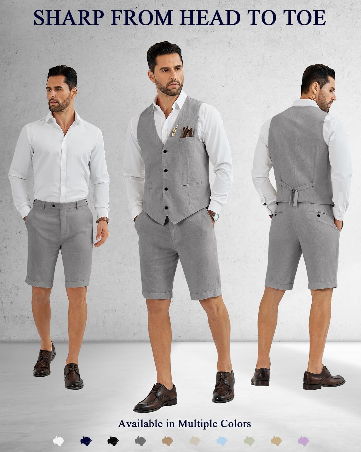 Men's Suit Linen 2 Piece Vests Short Pants Suits for Men Casual Summer Beach Groomsmen Wedding Waistcoat Set Outfit