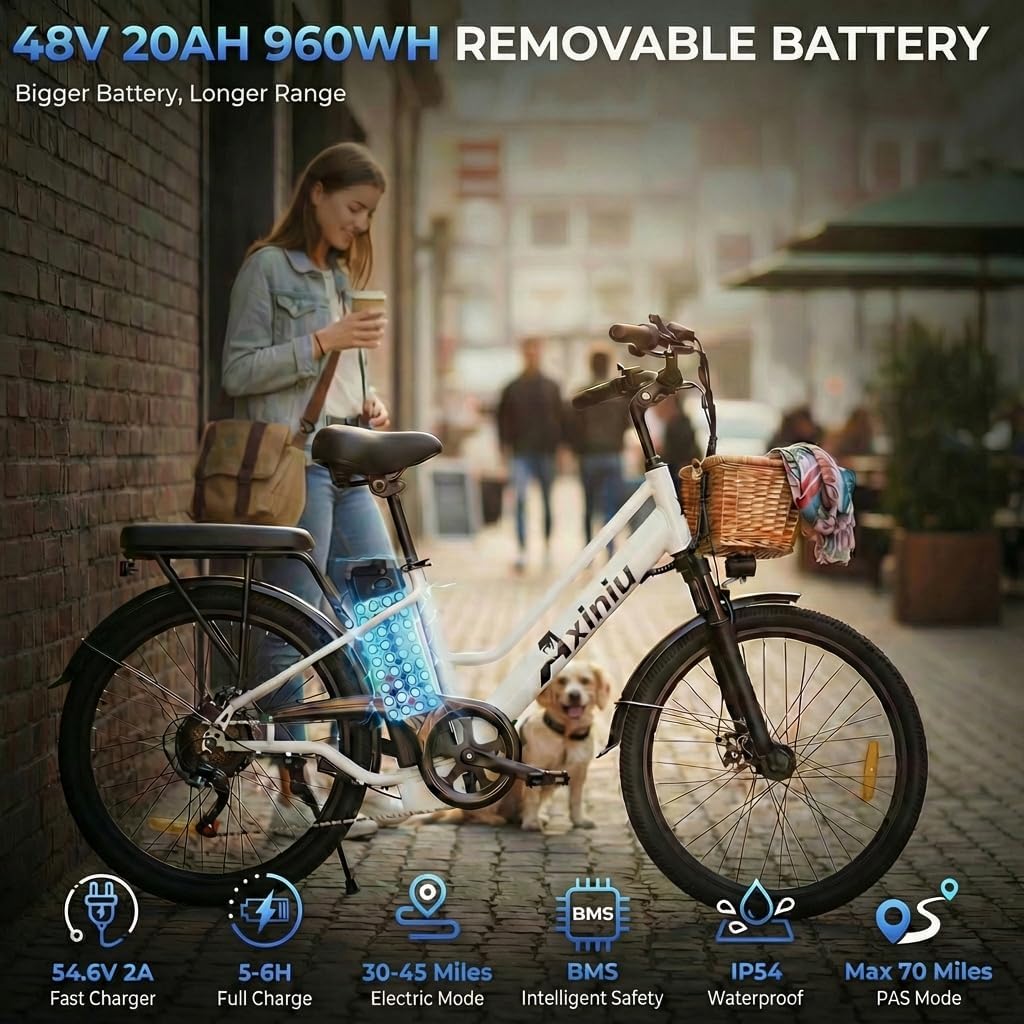 24 Inch Electric Bike for Adults, Step Through Ebike for Women, Peak 1000W Motor 22MPH, 48V 20AH Removable Battery Up to 70 Miles, 7 Speed Dual Shock Absorber, City Cruiser Commuter Bicycle