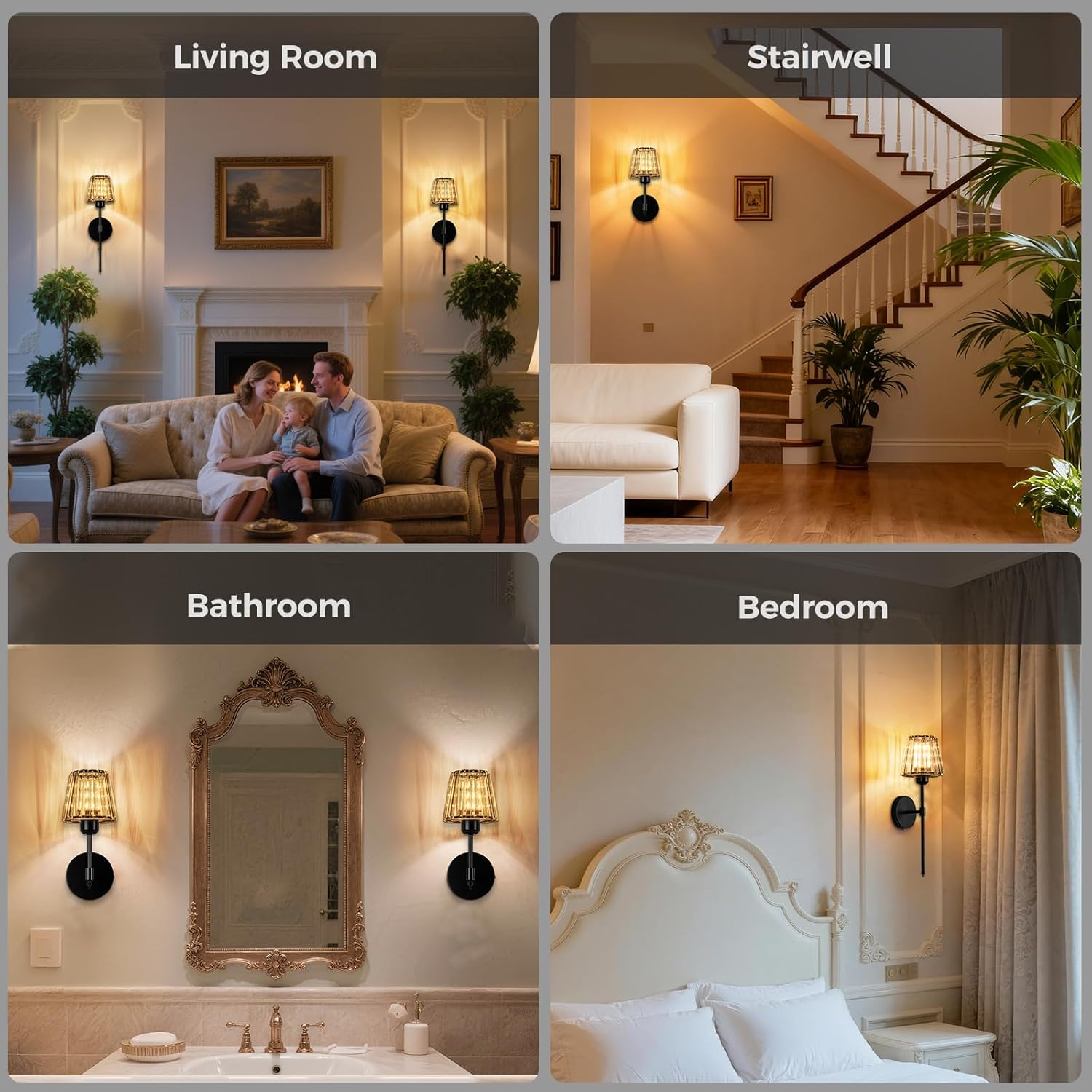 Black Wall Lights Battery Operated, Crystal Rechargeable Wall Sconces Set of 2 with 5000mAh Dimmable Bulbs and Remote, 12 Colors Wireless Wall Lamps Set of Two for Bedroom Living Room Bathroom