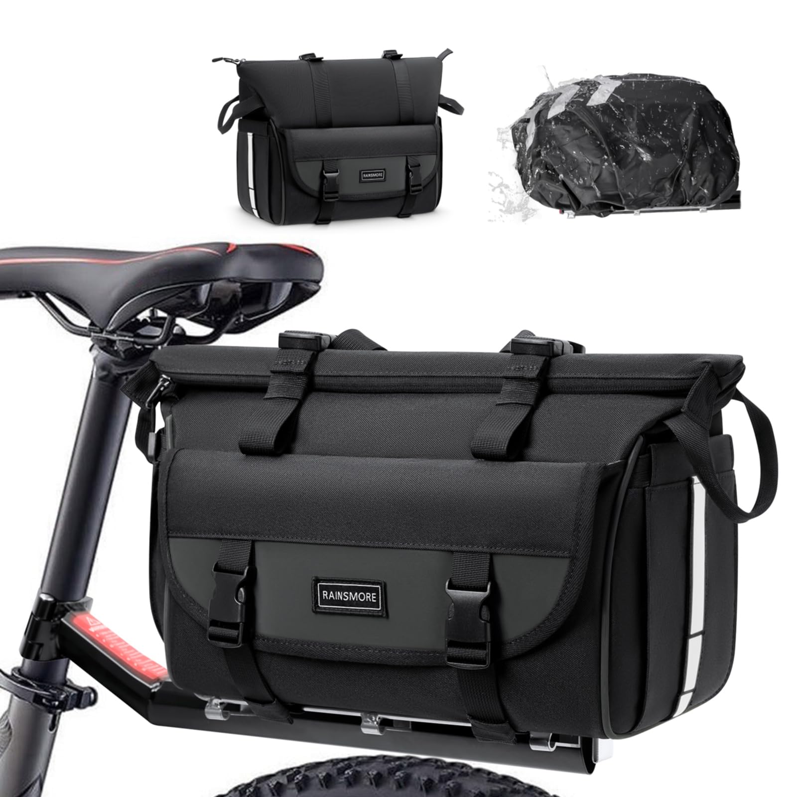 RAINSMORE 3 in 1 Bike Rear Rack Bag 18L Expandable Bike Pannier Bag with Waterproof Rain Cover Bicycle Trunk Bags Reflective Commuter Shoulder Bags