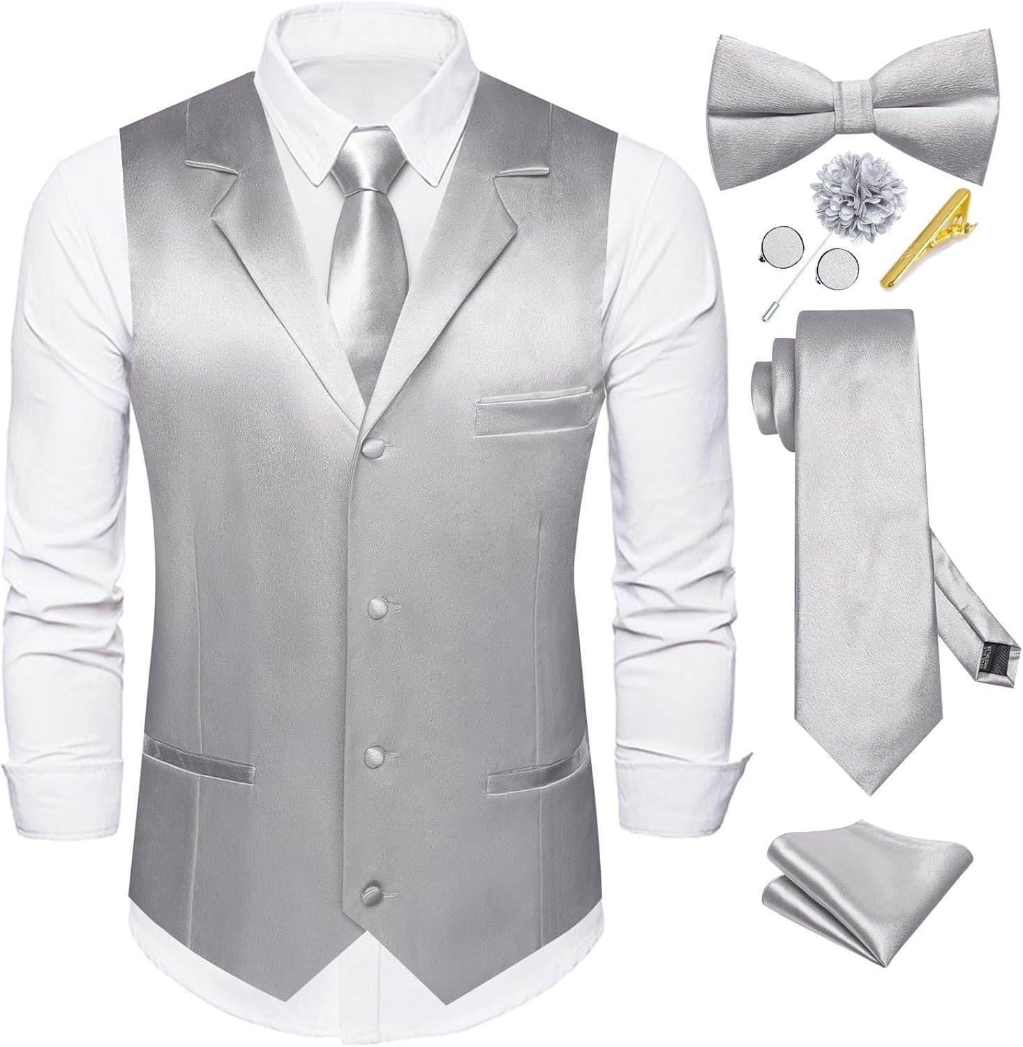 Dubulle Mens Satin Vest and Tie Solid Suit Waistcoat and Pre-tied Bowtie Set for Men Lapel Pin Wedding Party