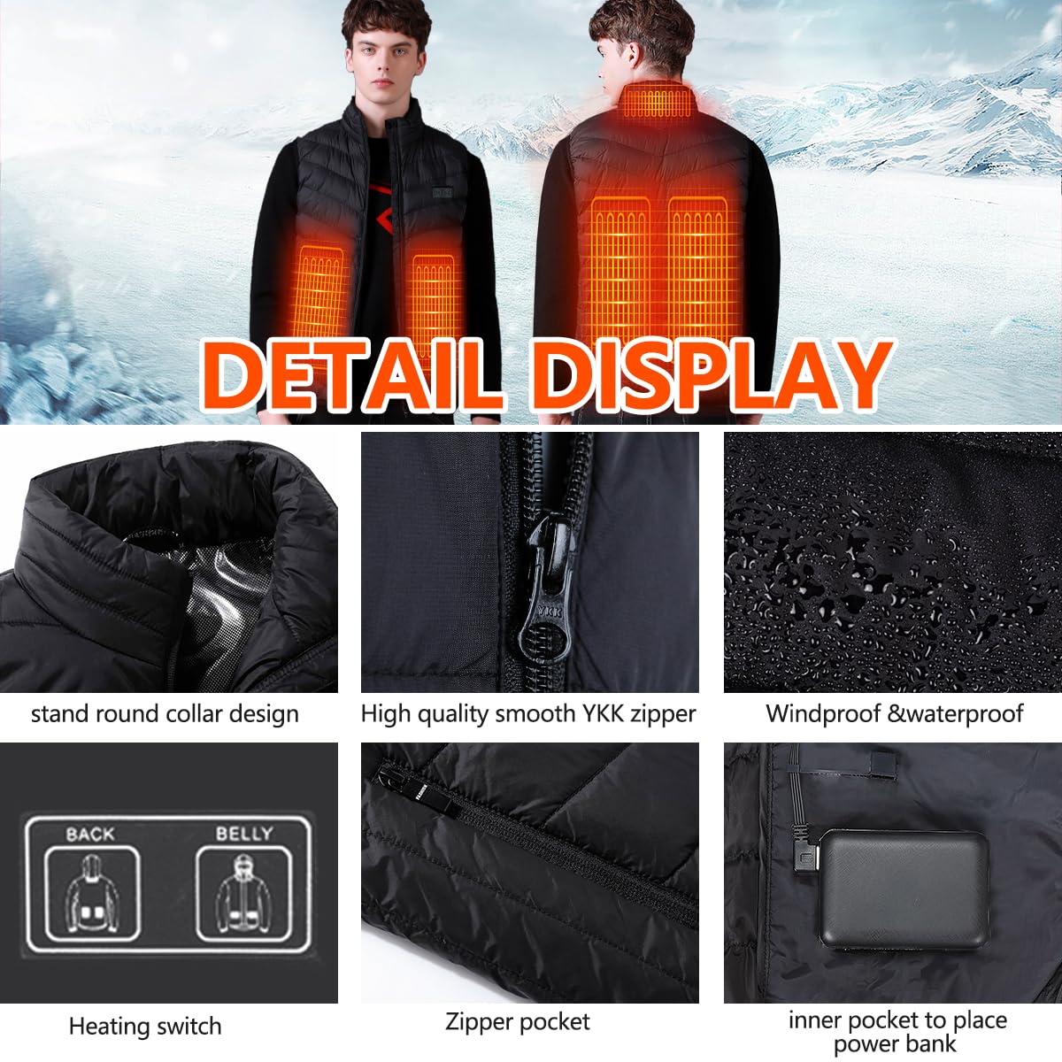 Gilet Riscaldabile per Uomo e Donna, Gilet Riscaldato USB con Batteria da 5 V 10000 mAh, Giacca Calda Invernale per Escursionismo, Caccia, Moto, Campeggio