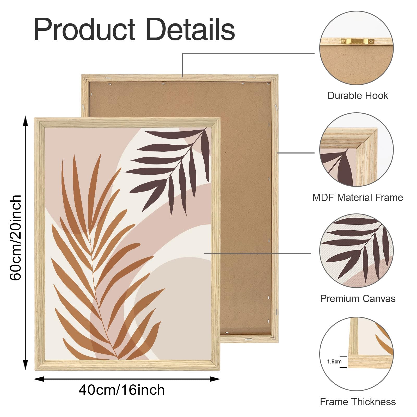 WENGTIAO Leinwand Bilder mit Rahmen Boho Minimalistische Blätter Wandbilder | Beige Kaffee Braun Abstrakt Pflanzen Bild auf Leinwand für Modern Wohnzimmer Schlafzimmer Flur Wanddeko 40x60cmx3