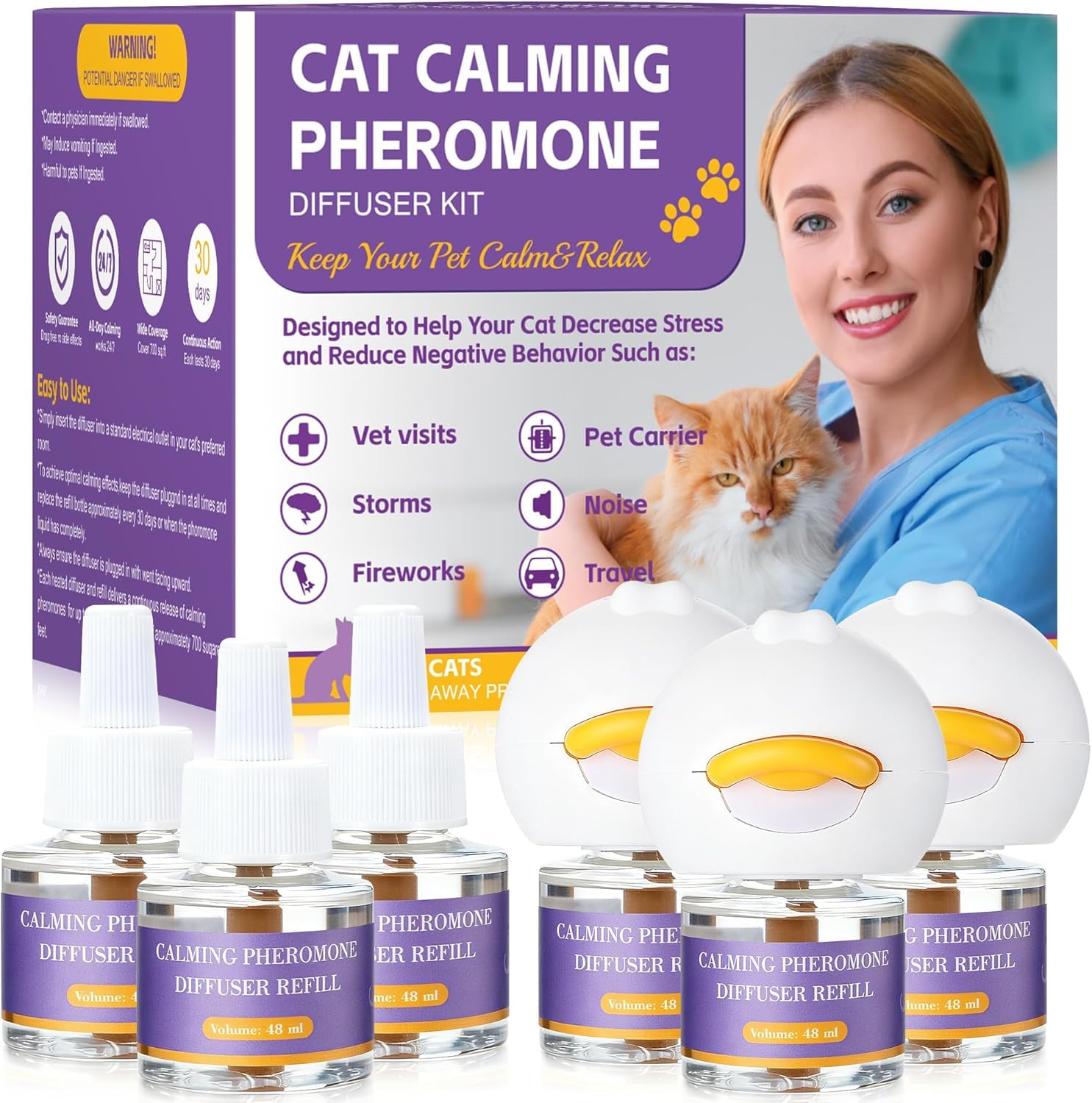 9-In-1 Advanced Cat Pheromone Calming Diffuser (3 Plugs in+ 6 Refills), Relieve Anxiety, Help Reduce Fighting, Spraying & Scratching, Drug-Free & Odorless Safe Relaxation Solution, 180 Day Supply