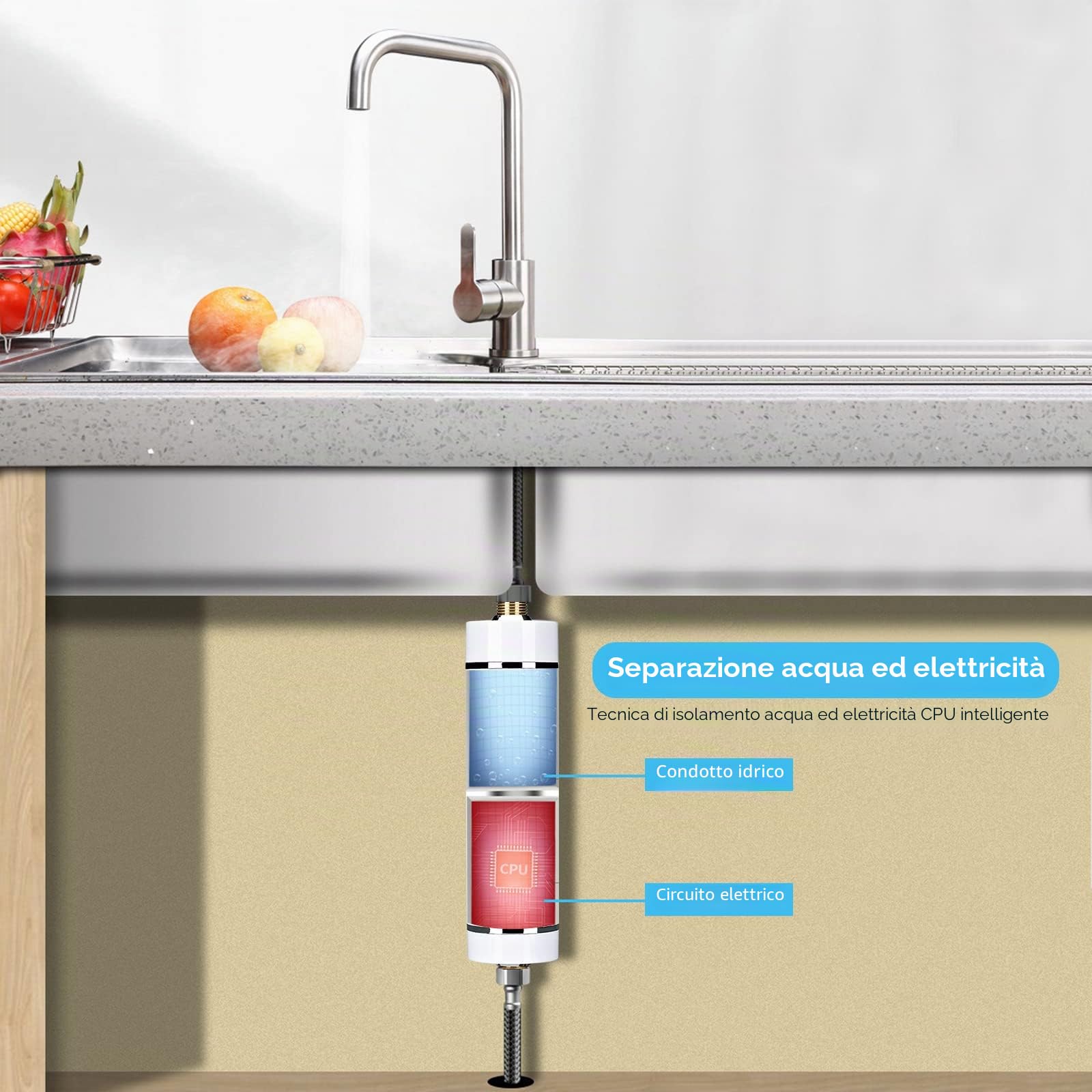 Scaldacqua elettrico istantaneo, mini scaldabagno elettrico con display digitale, temperatura regolabile, scaldabagno senza serbatoio per cucina, bagno (bianco 3500 W)
