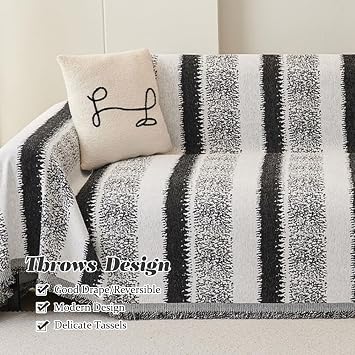 Highdi Chenille Sofa Throws Large, Reversible Extra Large Throws for Settees, Modern Style Versatile Soft Throw Blanket with Tassels for Settees Couch Sofa Bed (90x90cm,Black)