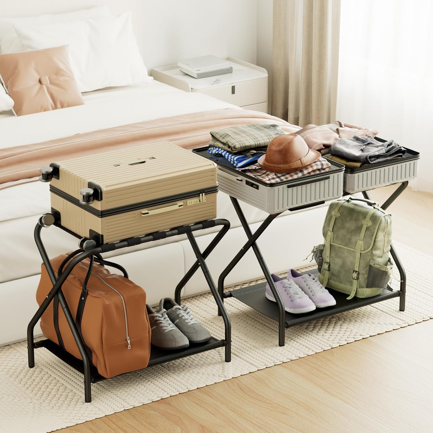 amhancible luggage rack, set of 2, foldable suitcase stands for guest room, metal luggage holder with storage shelf for bedroom, hotel, easy assemble, black hlr02bk black set of 2