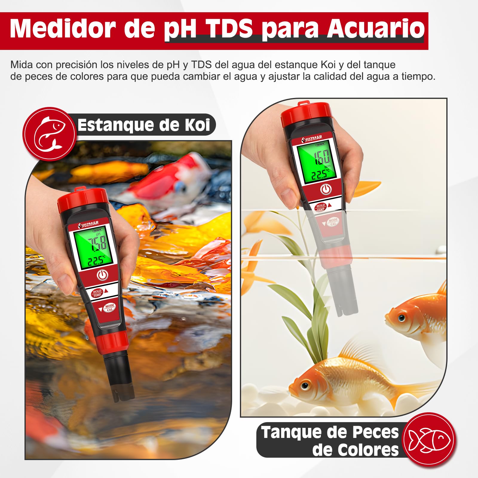 Medidor de TDS y pH para Hidroponia, Medidor Digital de pH EC Agua, 4 en 1 Medidor de pH/EC/TDS/Temp, Medidor de pH y Conductividad con Solución de Calibración 1413 para Piscina, Spa, Acuarios