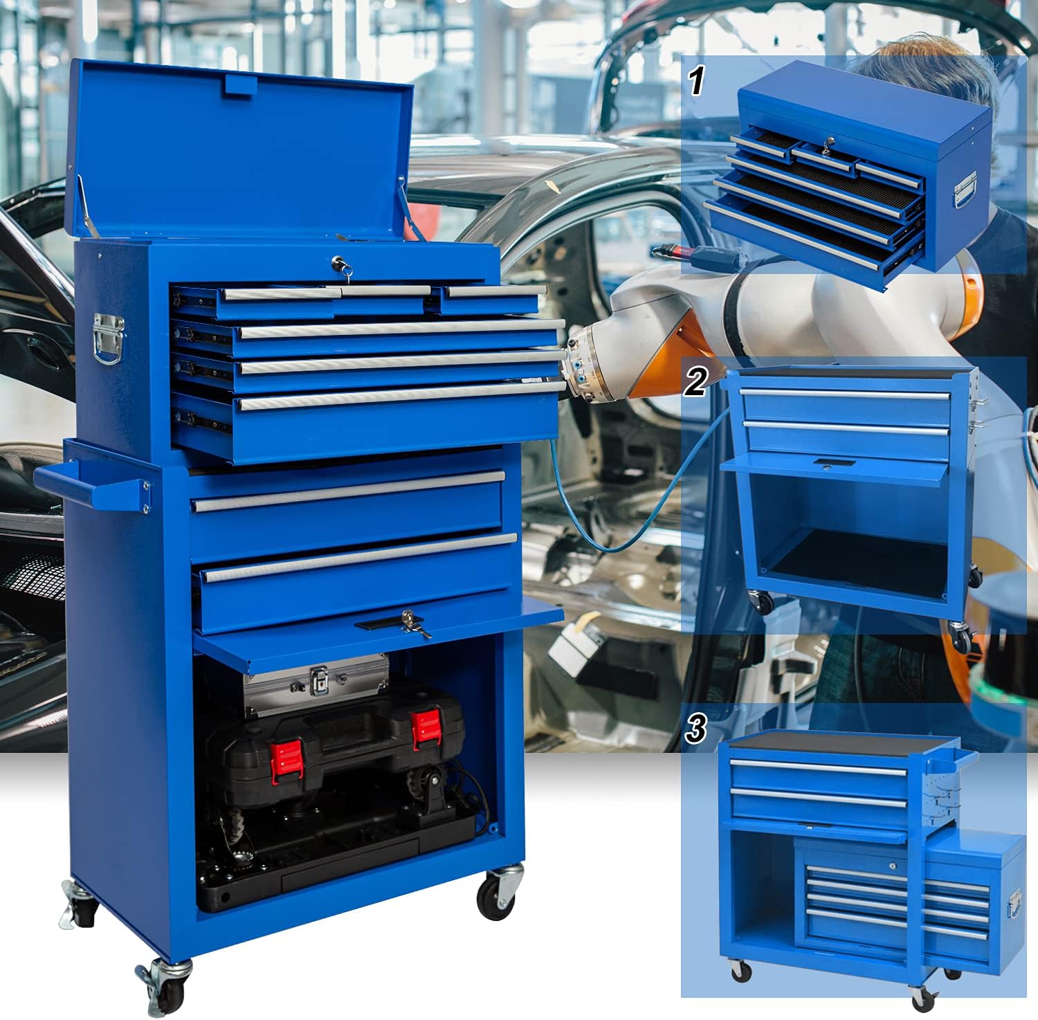 8-Drawer Tool Chest Tool Box,Rolling Tool Box Big Tool Storage Cabinet with 4 Wheels and Lockable Drawers for Garage and Warehouse,Tool Chest Gifts for Men (Blue) : Tools & Home Improvement