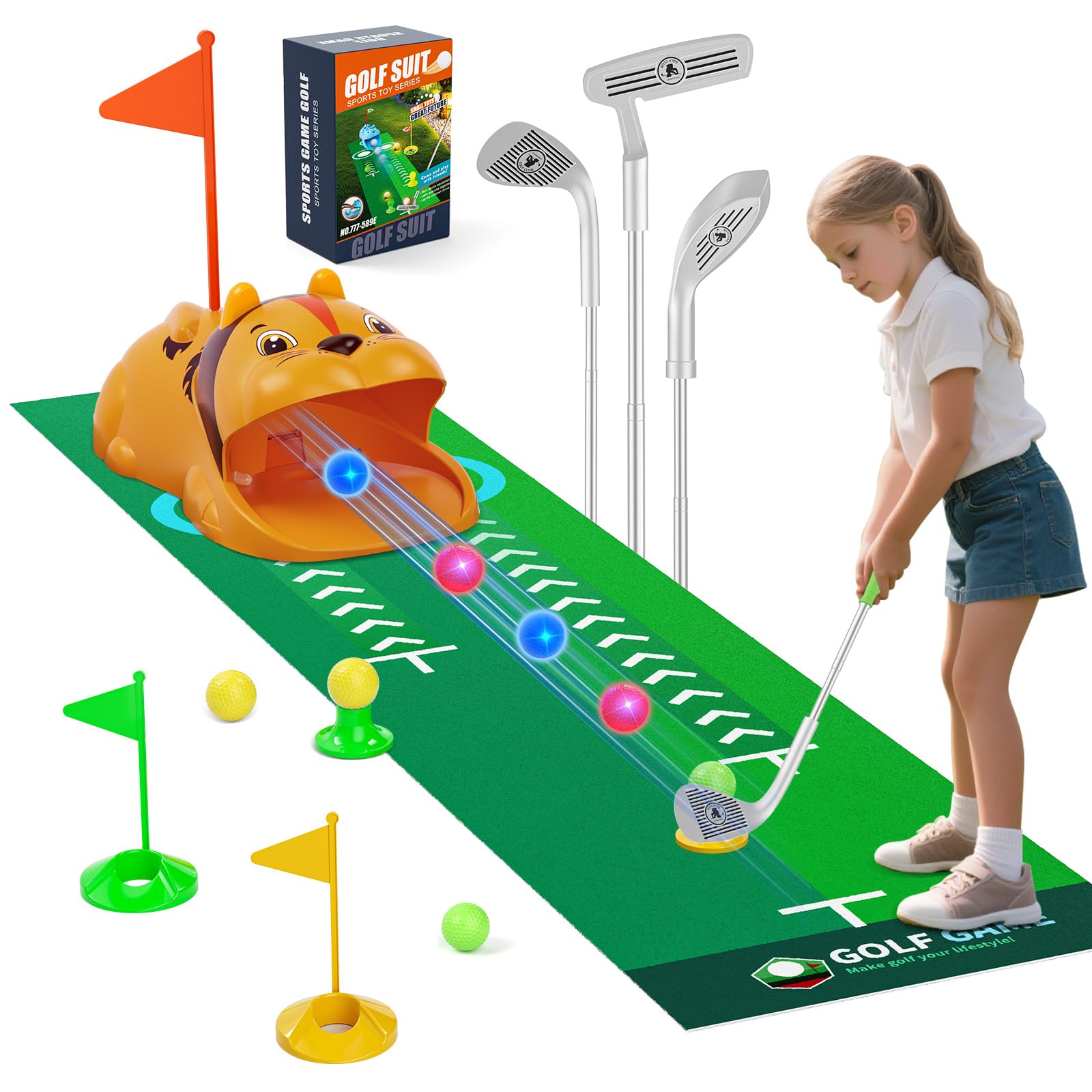 Kids Toy Golf Set with Automatic Ball Returner, LED Light Up Golf Balls, 3 Clubs, Putting Mat for Age 3+, Toddler Mini Golf Games, Indoor Outdoor Sport Toys Gifts for Boys Girls Aged 3 4 5 6 7 8