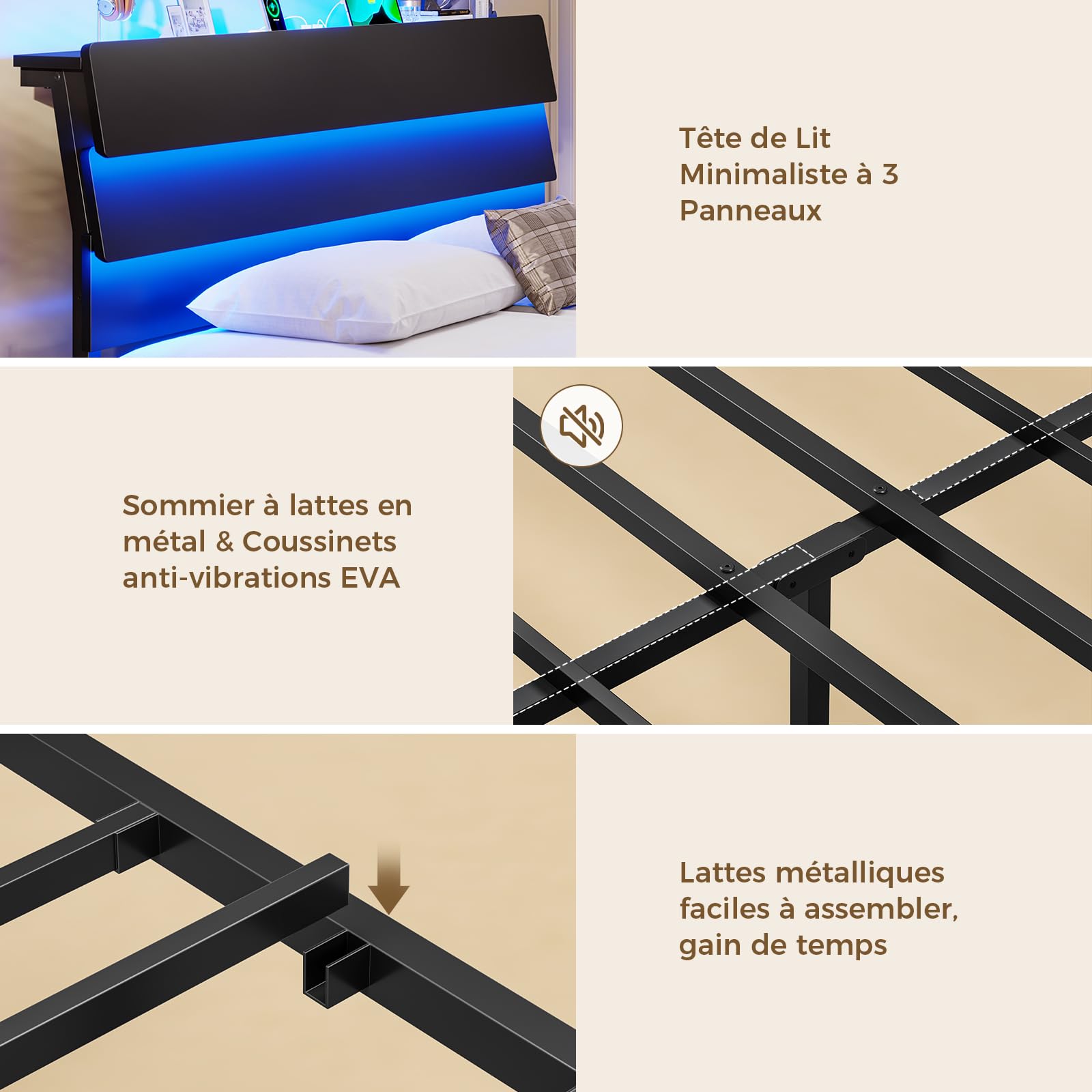 KIMENICH Lit 140x200 avec Sommier Métal, Lit Double avec 3 Rubans LED Réglables et Multiprise, Cadre de Lits avec Étagère Ouverte et Rangement sous Le Sommier 140x200, sans Matelas, Noir