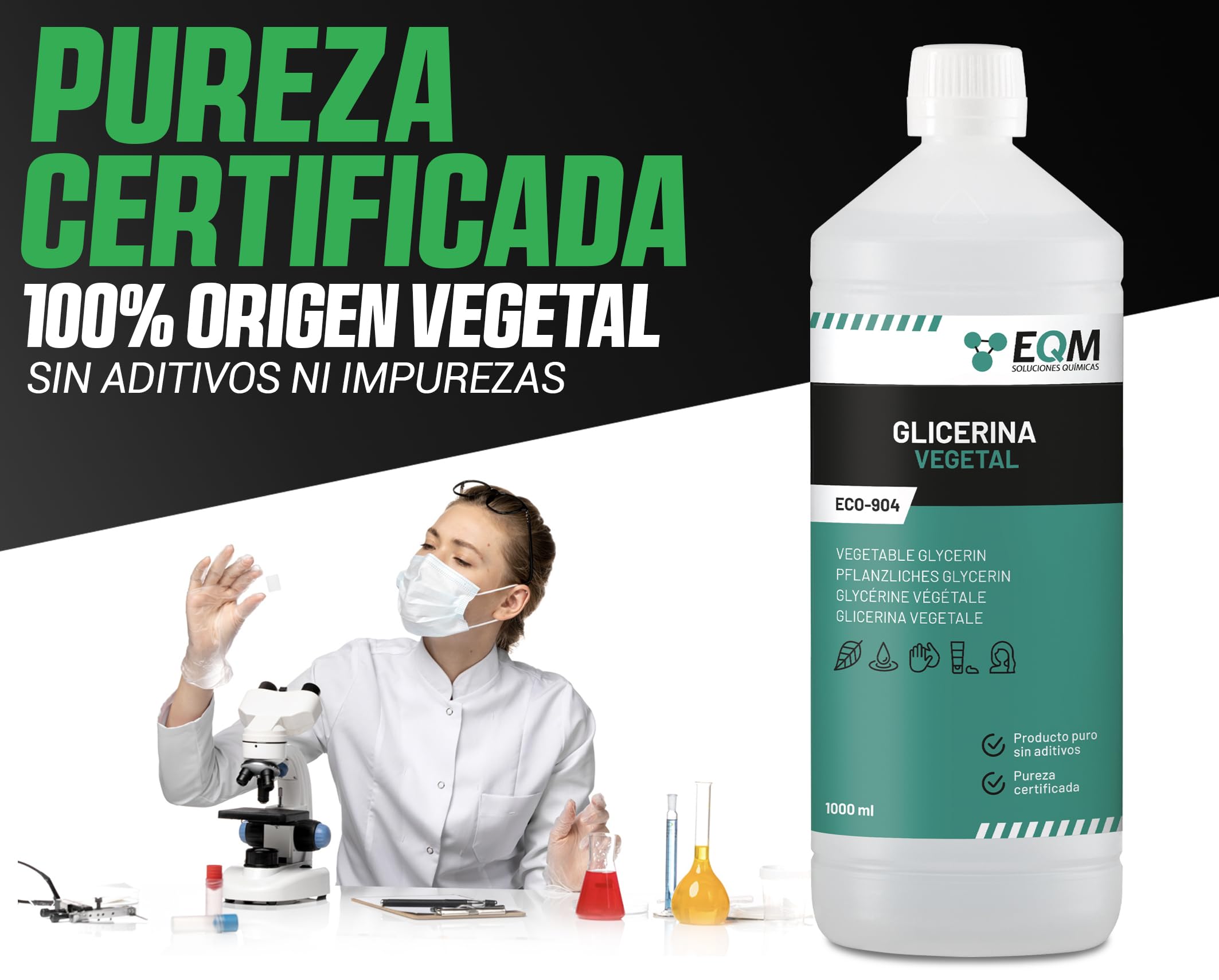 EQM - ECO-904 - Glicerina Vegetal Líquida - 1L - Grado farmacéutico - Hidratante natural cabello y piel - Ideal para jabones, champús, cremas, etc