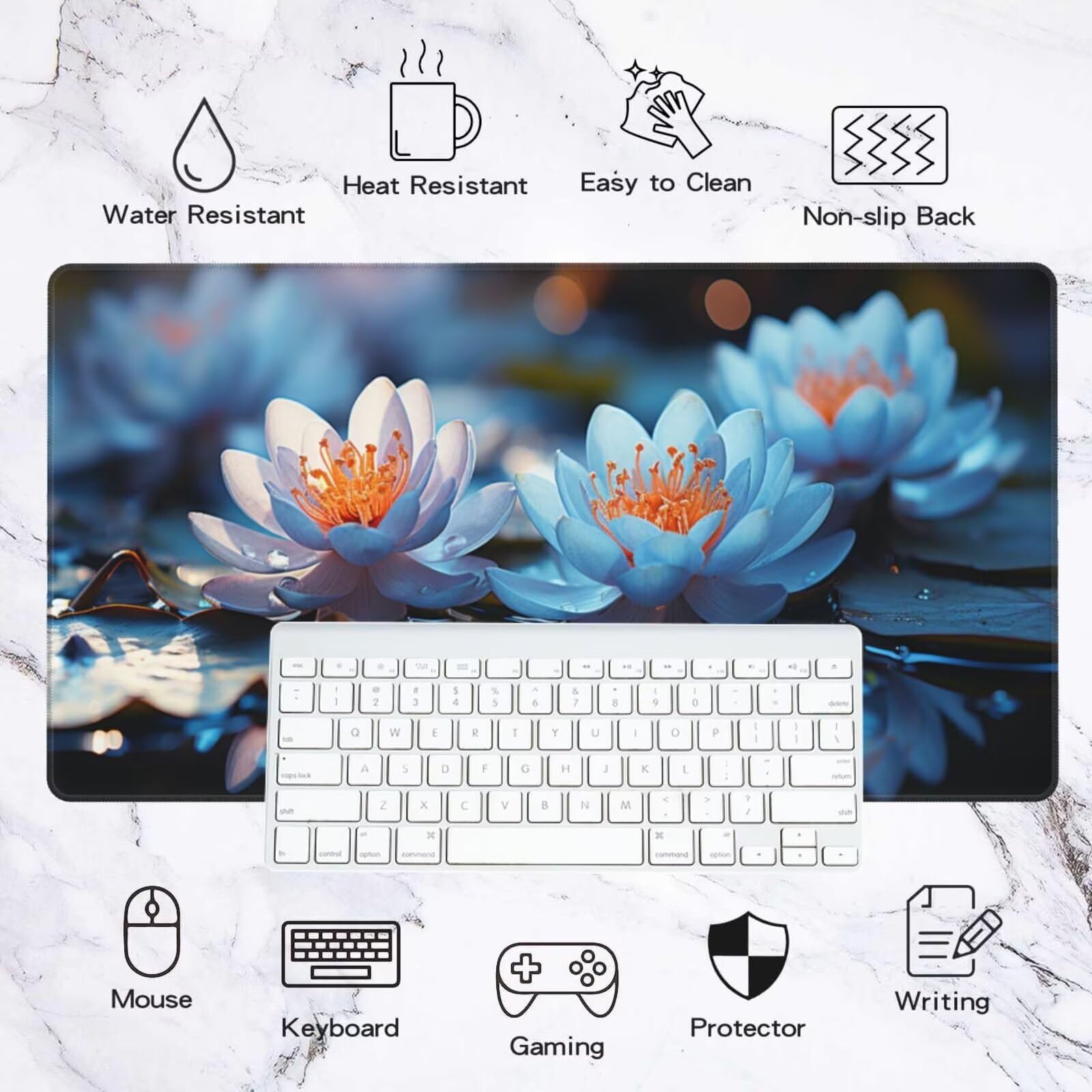 Alfombrilla Ratón Azul Alfombrilla Ratón XXL 1600 x 800 mm, Loto Mouse Pad Gaming con Bordes Cosidos, Impermeable Mousepad Base de Goma Antideslizante Duradera, Mouse Pad para Oficina Accesorios Q1150