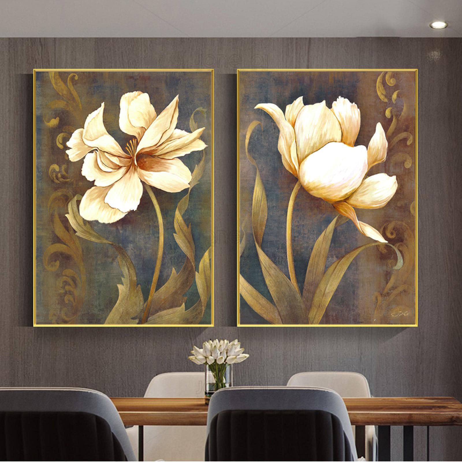 Lienzo con marco Retro Flor dorada Cartel Planta Lienzo Pintura Arte de la pared Imágenes Sala de estar Decoración del hogar 60x80cmx2pcs Marco interno